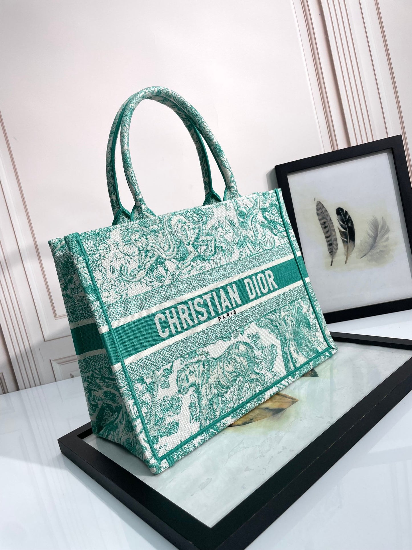 Dior Green Toile Embroidered Canvas Tote Bag Vintage Style Handbag