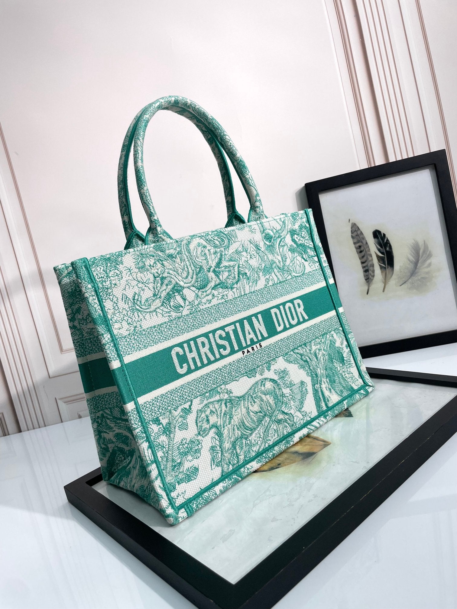 Dior Green Toile de Jouy Embroidered Canvas Tote Handbag
