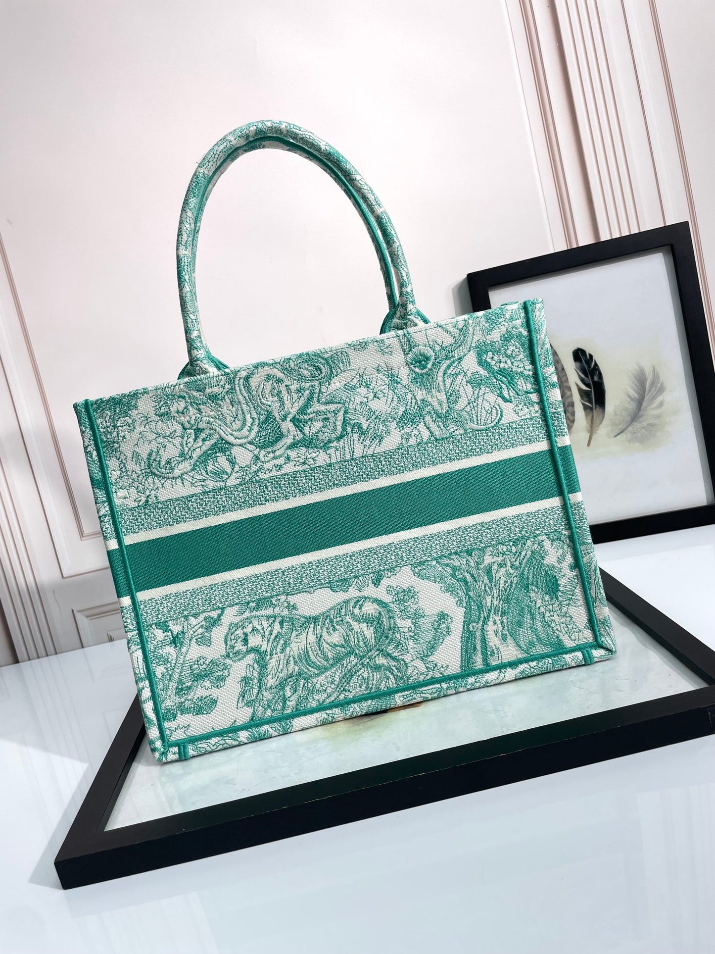 Dior Green and White Toile Pattern Embroidered Canvas Tote Bag