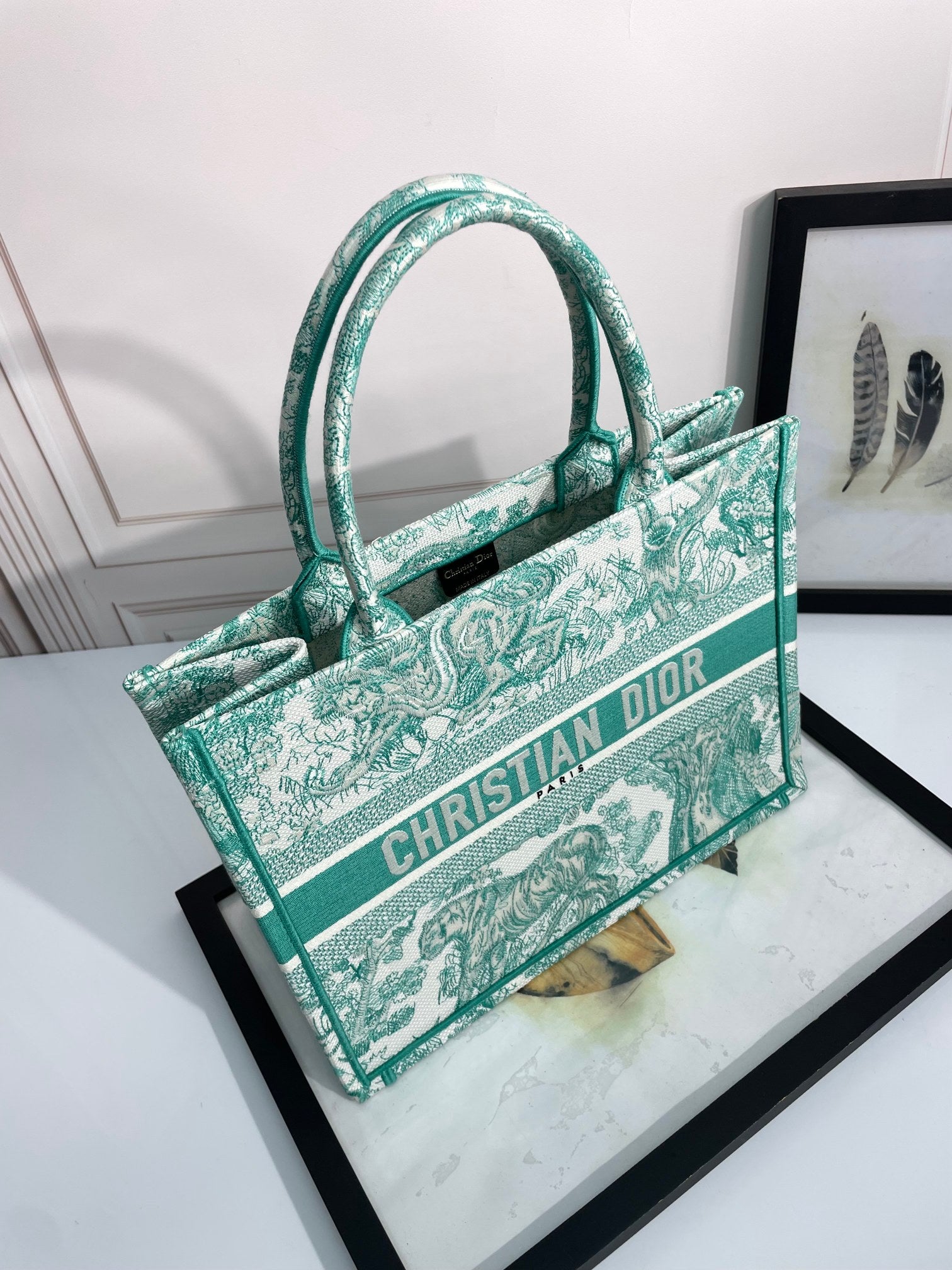 Dior Green and White Toile Pattern Embroidered Canvas Tote Bag
