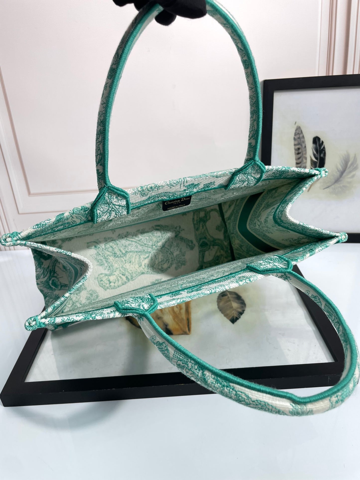Dior Green Toile de Jouy Embroidered Canvas Top Handle Tote Bag