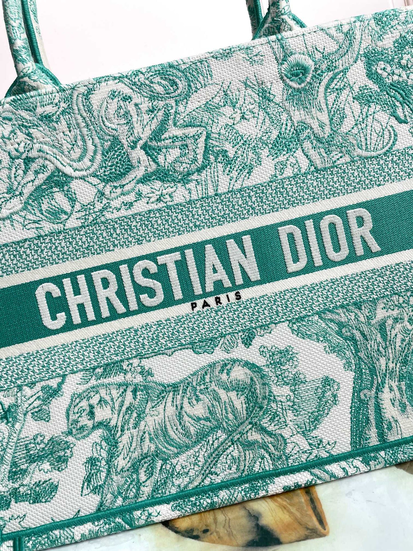 Dior Green Toile de Jouy Embroidered Canvas Top Handle Tote Bag