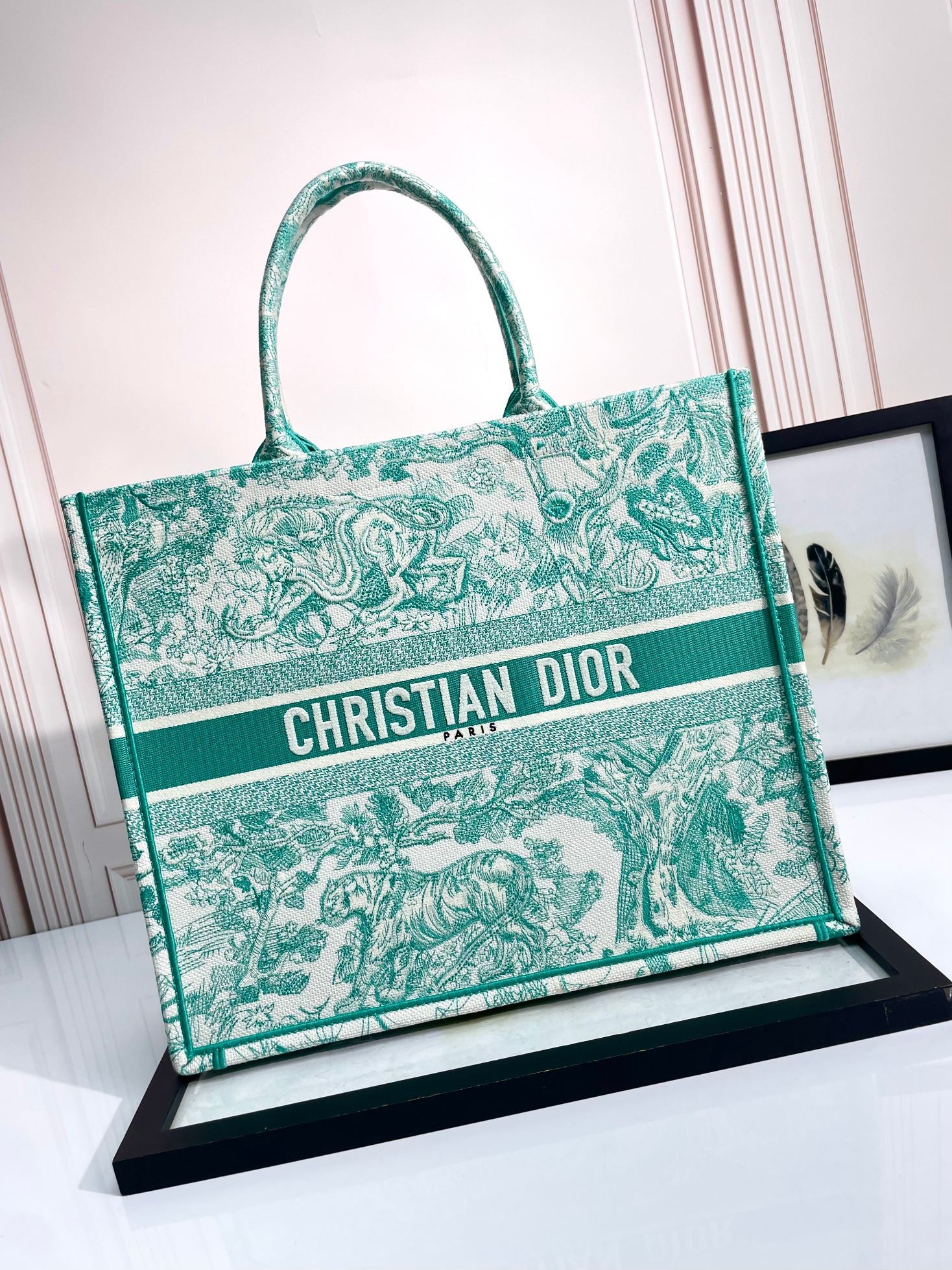 Dior Vintage Green Embroidered Toile de Jouy Pattern Canvas Tote Bag