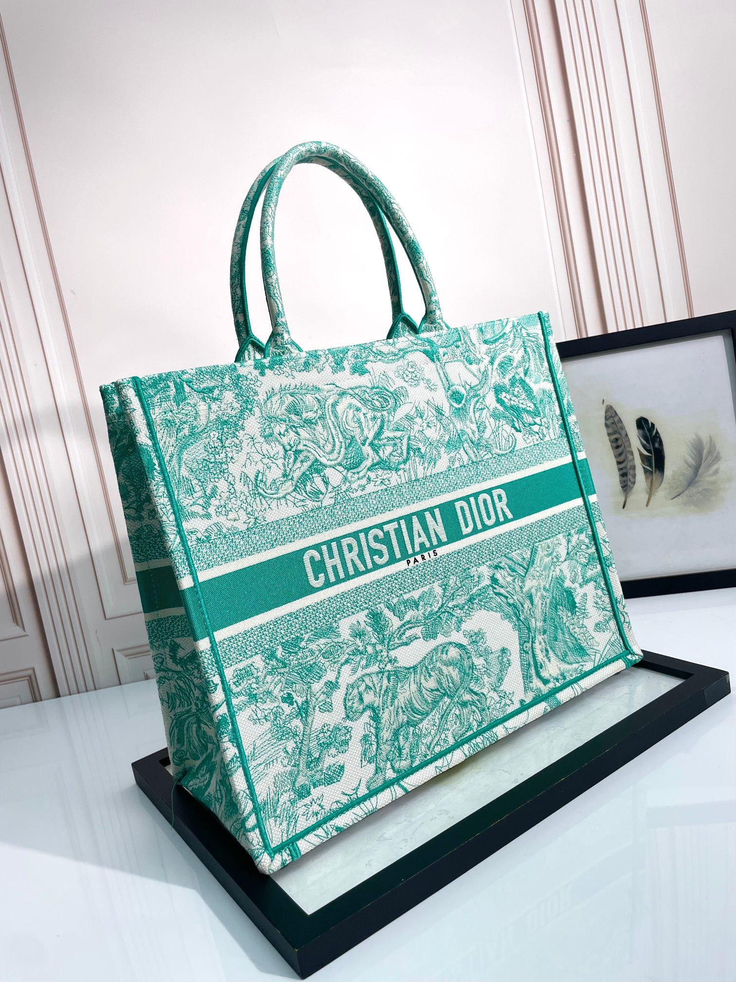 Dior Green Toile de Jouy Landscape Embroidered Canvas Tote Handbag