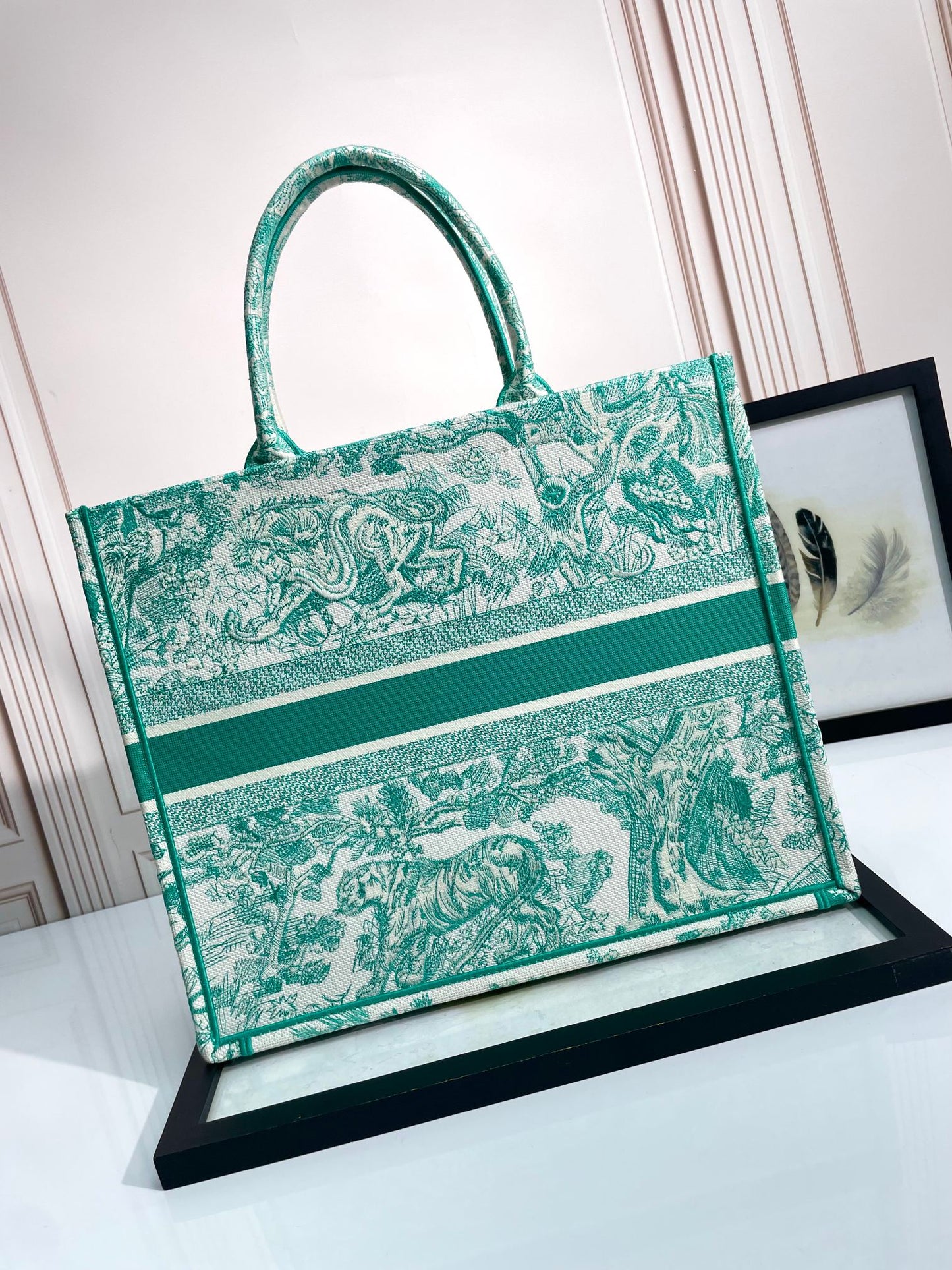 Dior Vintage Green Embroidered Toile de Jouy Pattern Canvas Tote Bag