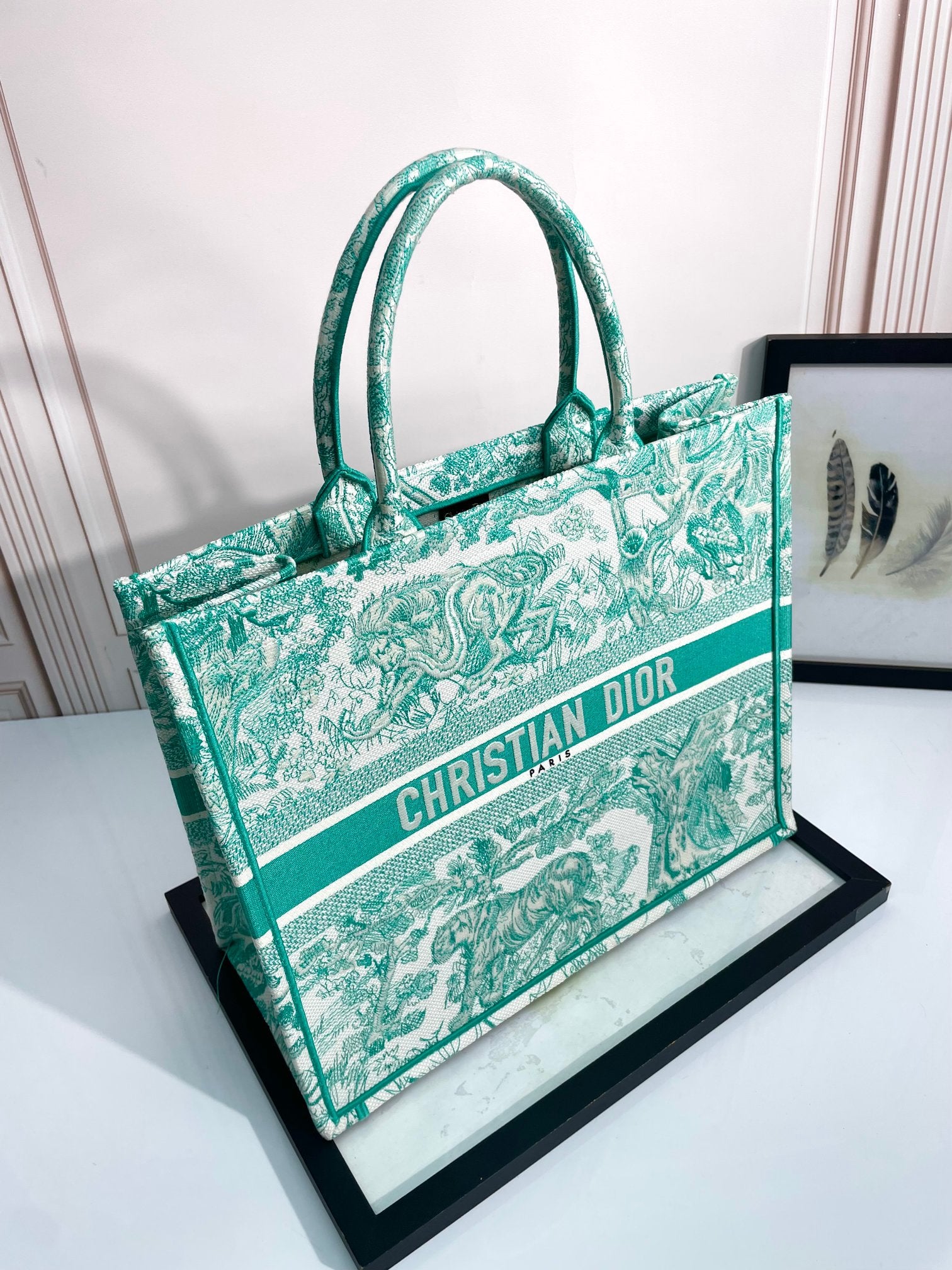 Dior Green and White Toile de Jouy Embroidered Canvas Travel Tote