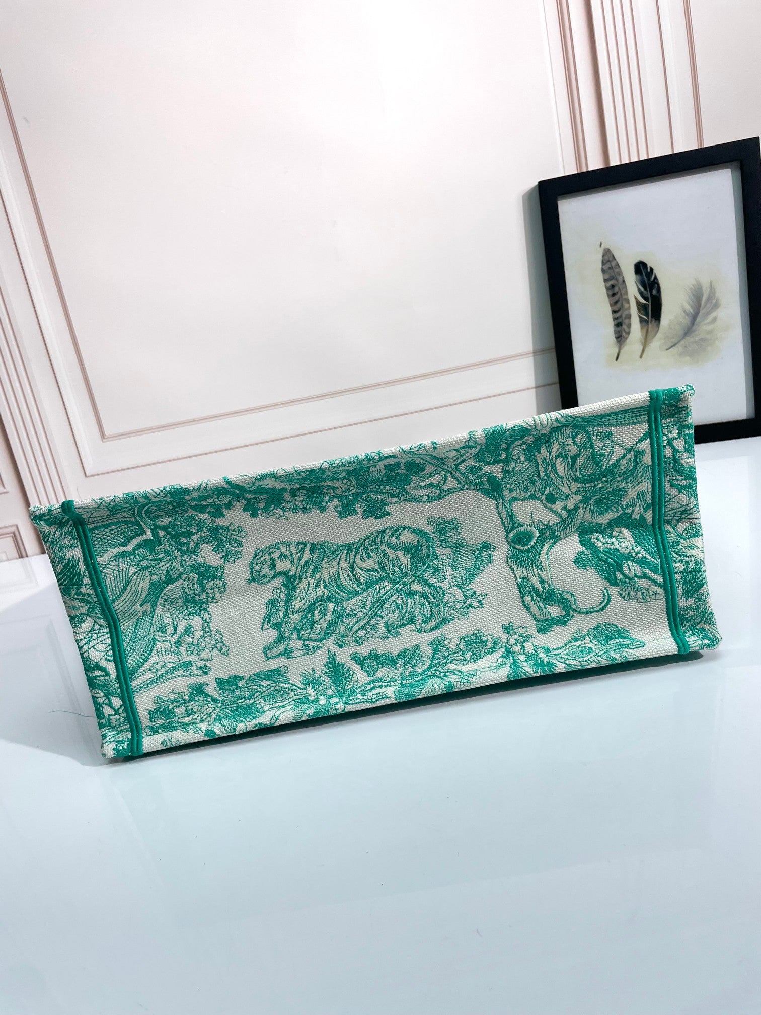 Dior Vintage Green Embroidered Toile de Jouy Pattern Canvas Tote Bag