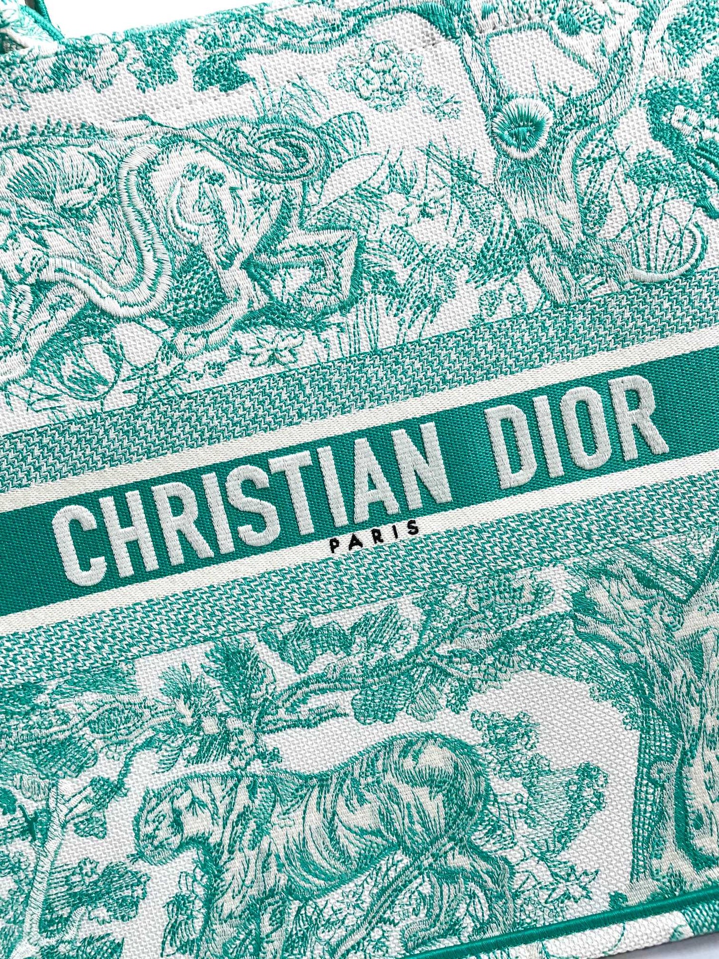 Dior Vintage Green Embroidered Toile de Jouy Pattern Canvas Tote Bag