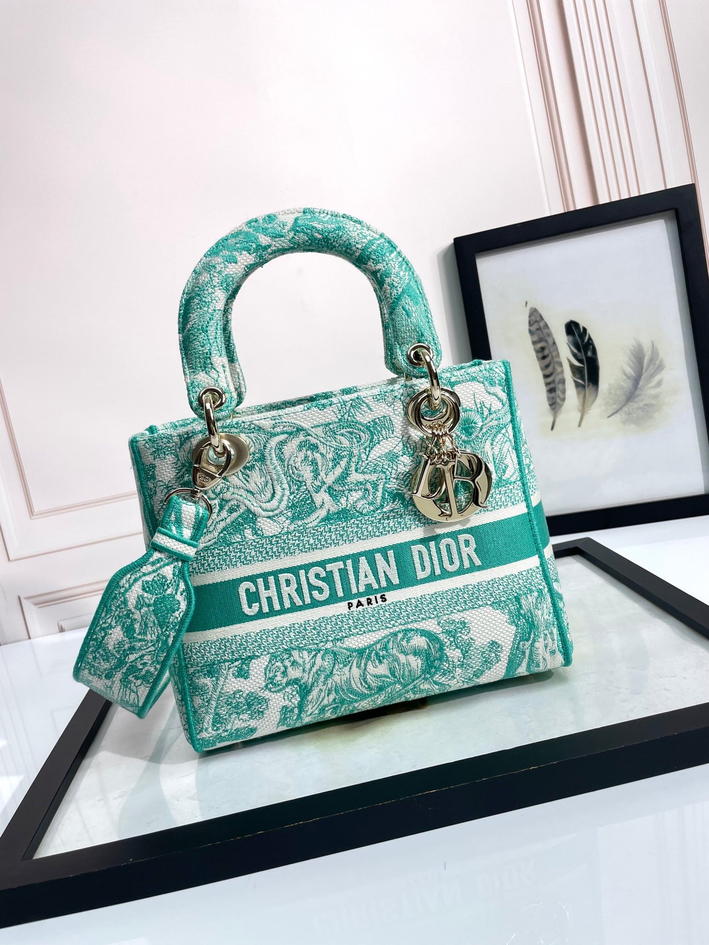Dior Green Toile de Jouy Embroidered Canvas Top Handle Handbag