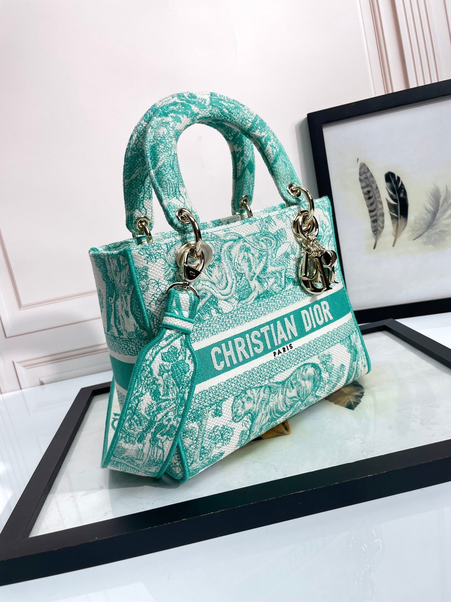 Dior Vintage Teal Floral Embroidered Canvas Handbag with Strap