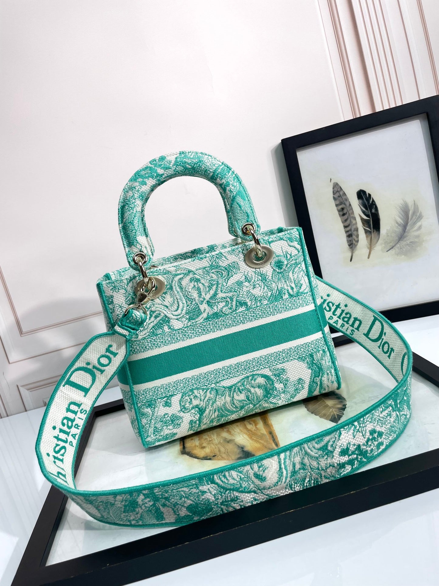 Dior Green Floral Toile Canvas Top Handle Bag with Shoulder Strap