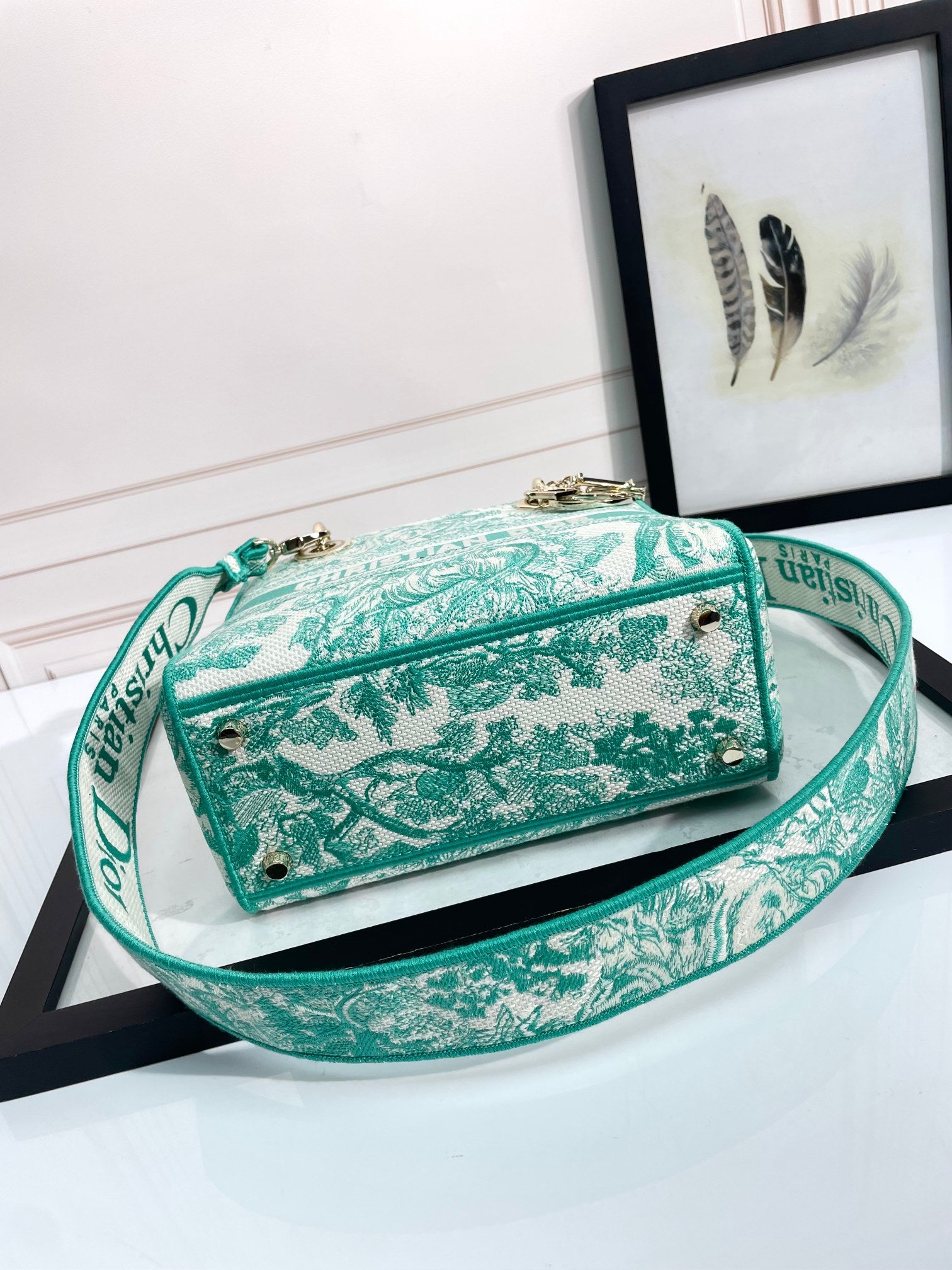 Christian Dior Lady D-Lite Bag in Green and White Floral Embroidery