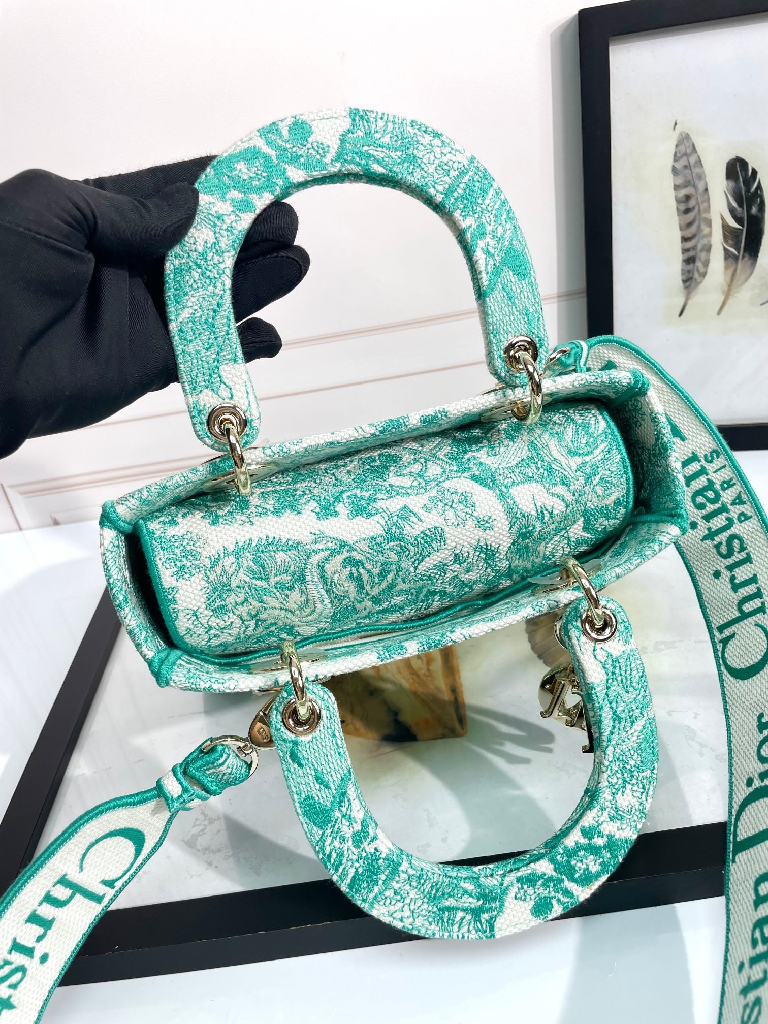 Christian Dior Lady D-Lite Bag in Green and White Floral Embroidery
