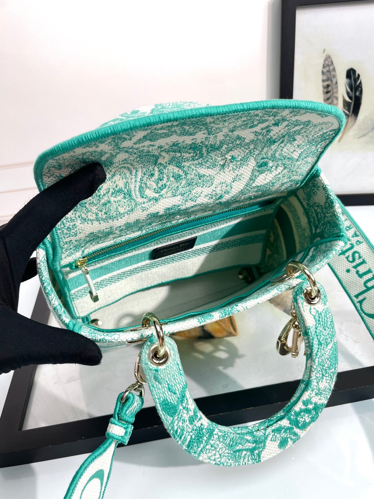 Dior Teal Toile Pattern Embroidered Canvas Top Handle Handbag