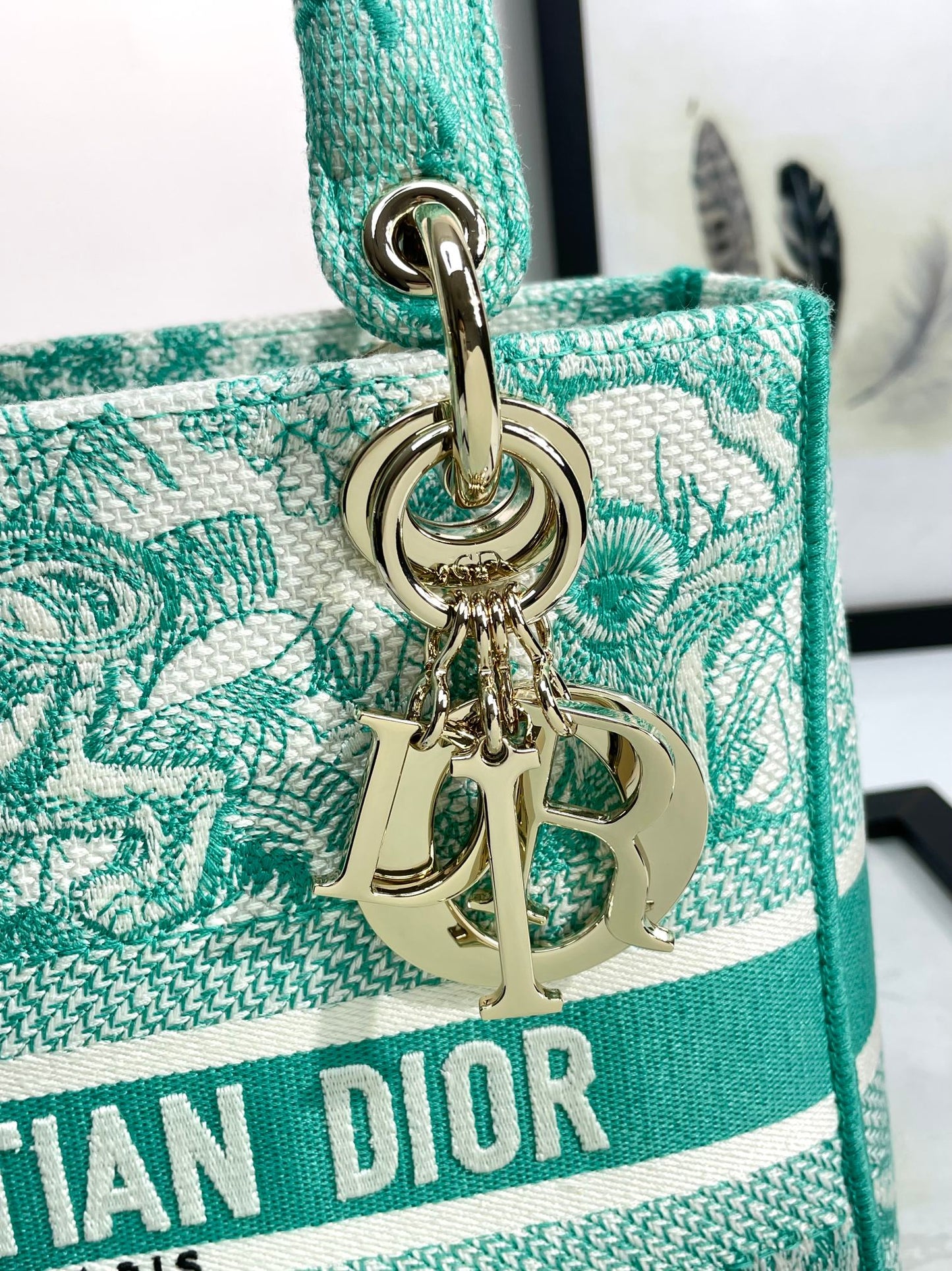 Dior Vintage Green Floral Embroidered Canvas Top Handle Handbag