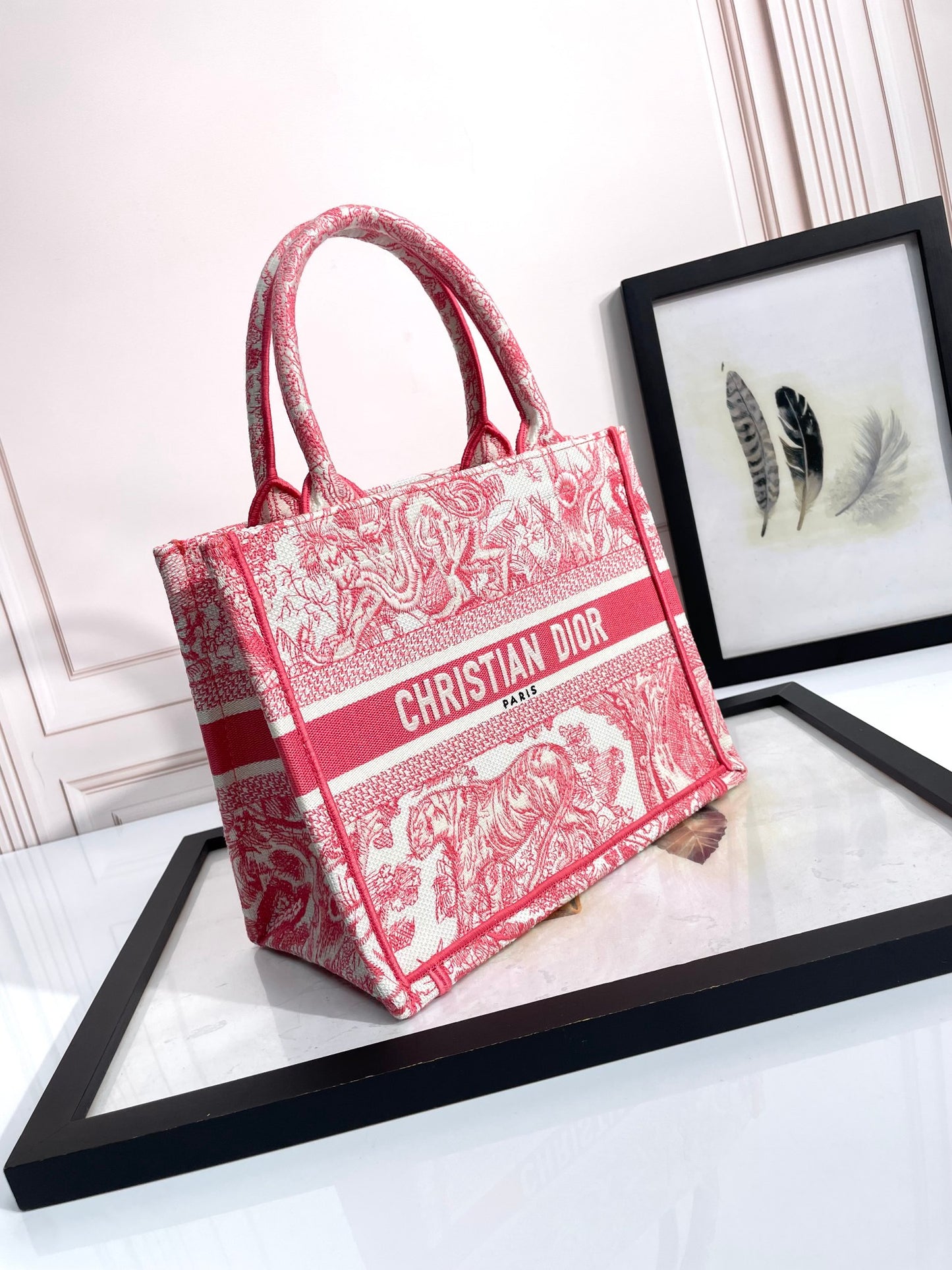 Dior Red Embroidered Toile de Jouy Canvas Tote Bag with Top Handles