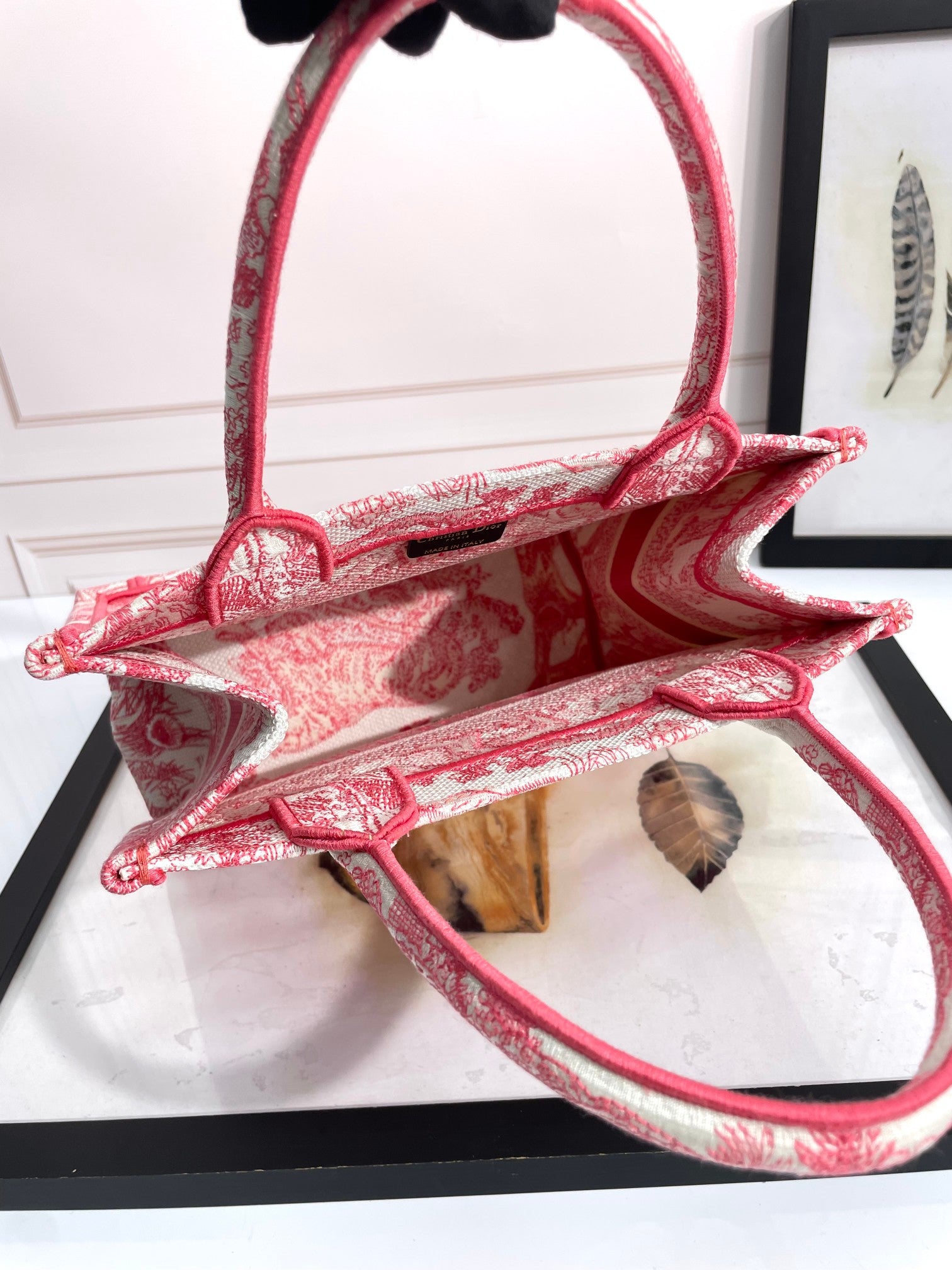 Dior Red and White Toile Embroidered Canvas Top Handle Tote Bag