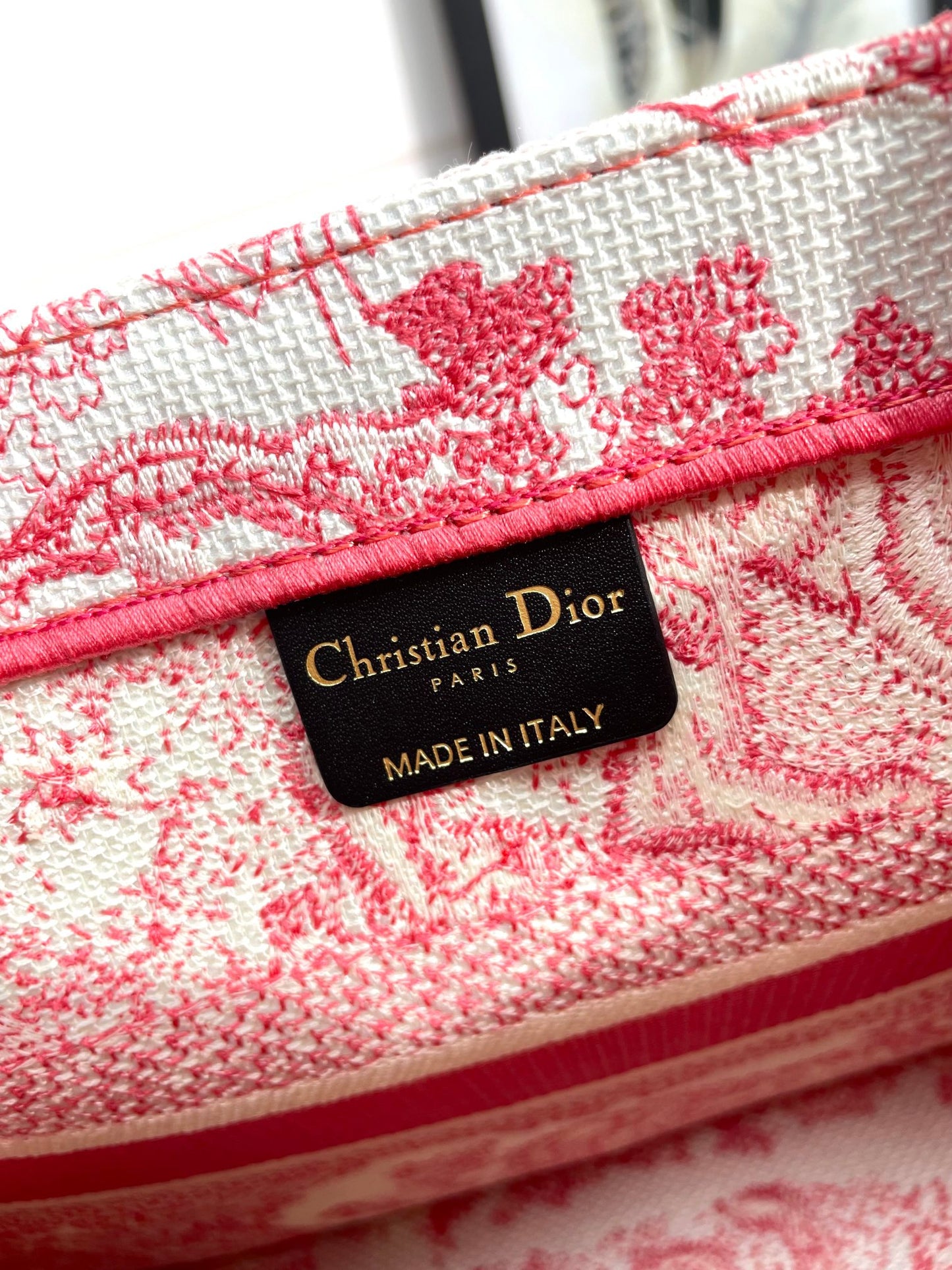 Dior Embroidered Pink Toile Canvas Tote Bag Structured Handbag