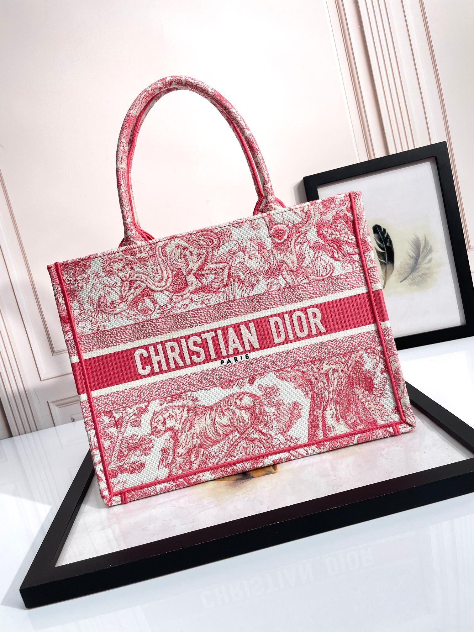 Dior Vintage Red Embroidered Floral Tapestry Canvas Tote Bag