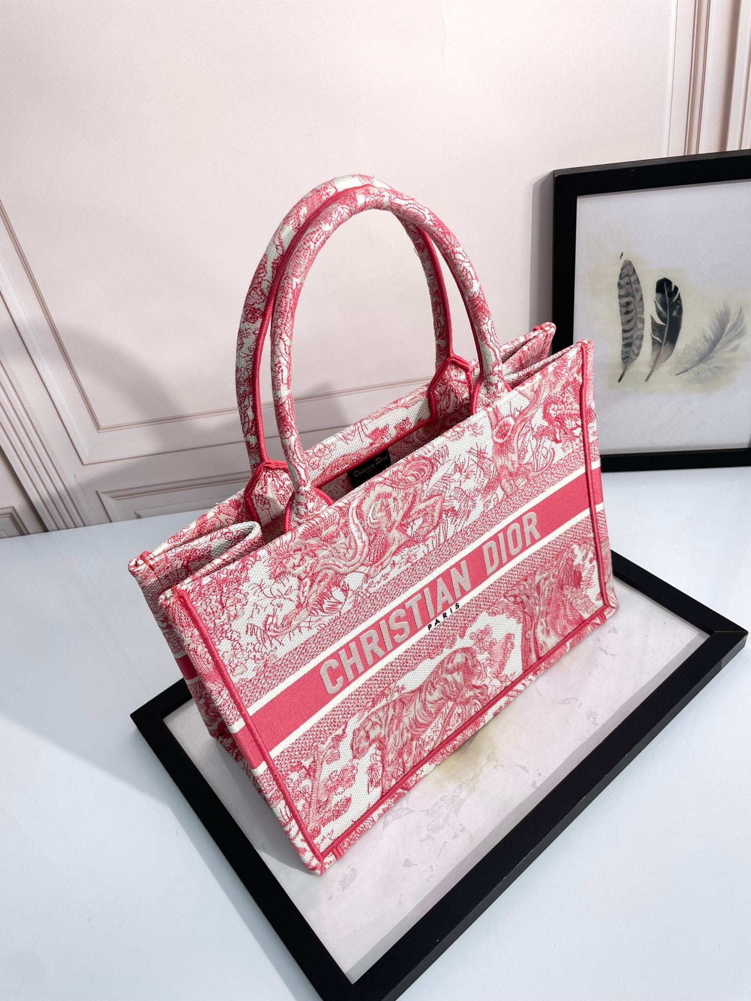 Dior Vintage Red Embroidered Floral Tapestry Canvas Tote Bag