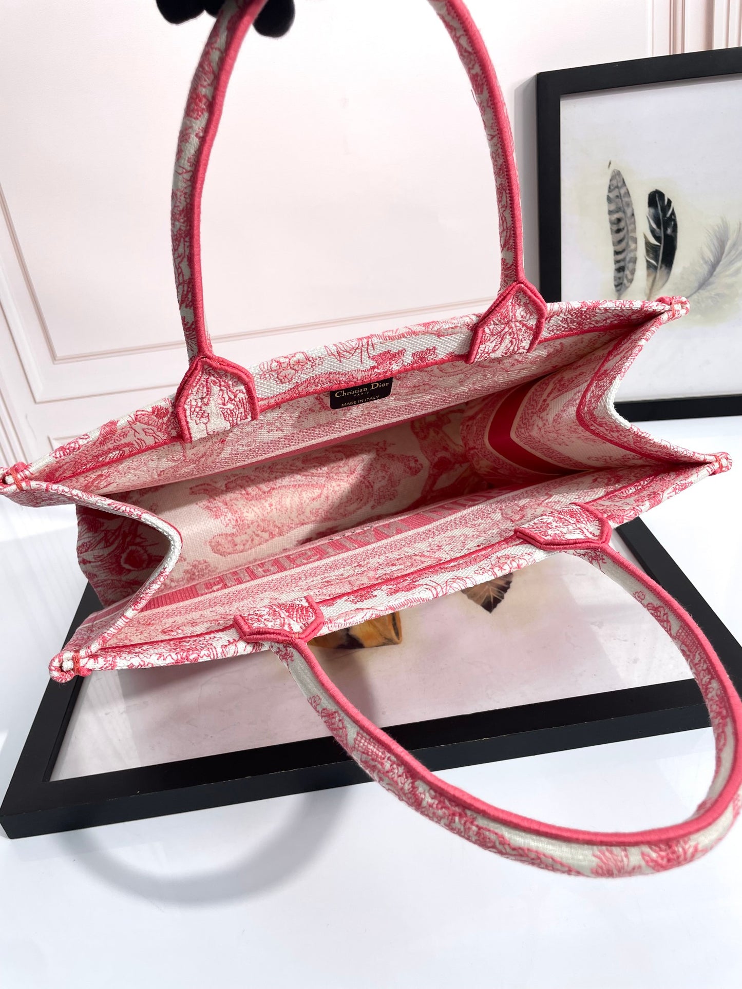 Dior Red Toile de Jouy Pattern Canvas Tote Bag Embroidered Top Handle Handbag