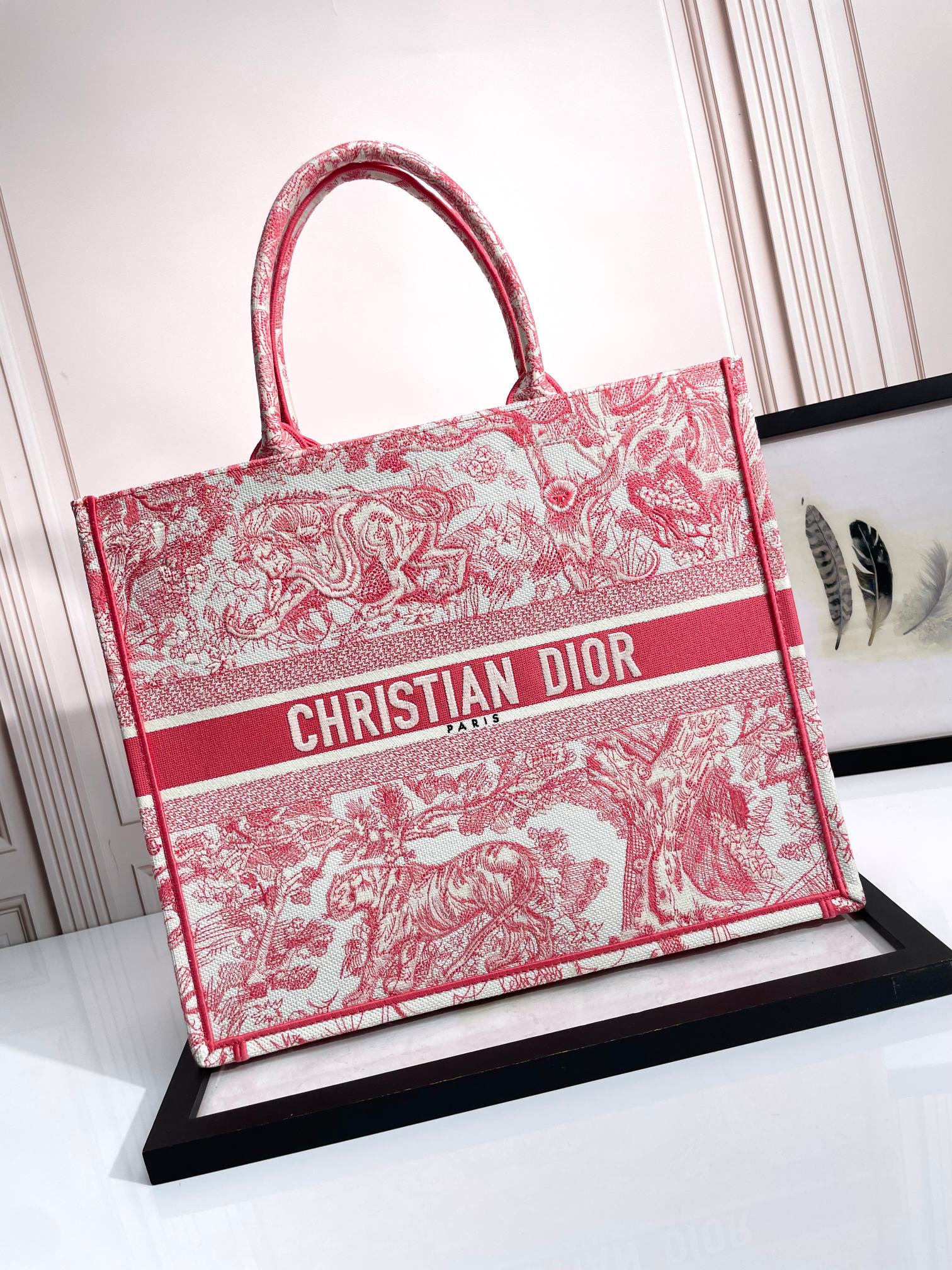 Dior Pink and White Toile de Jouy Embroidered Large Canvas Tote Bag