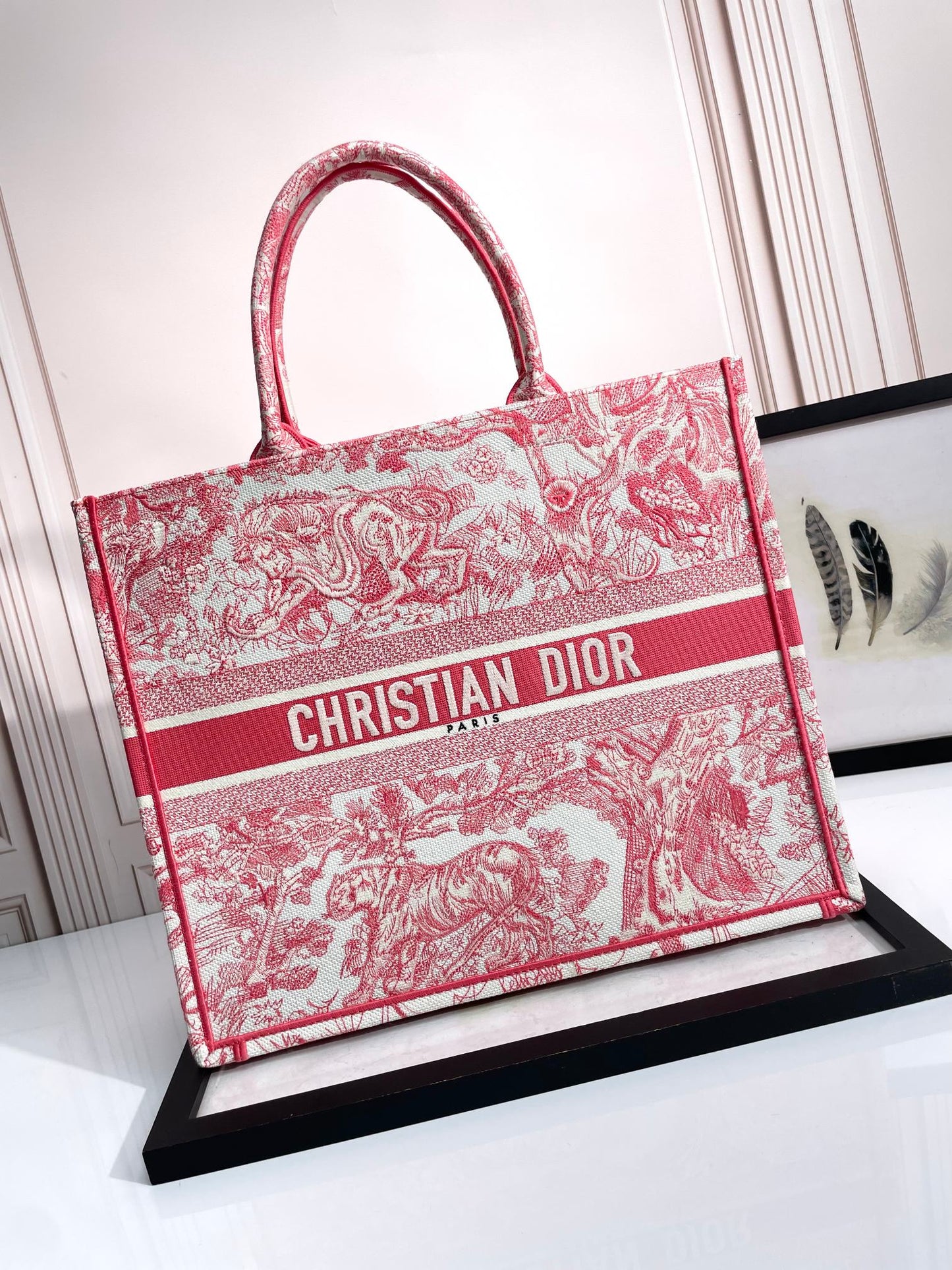 Dior Red Toile de Jouy Embroidered Canvas Tote Bag Handbag