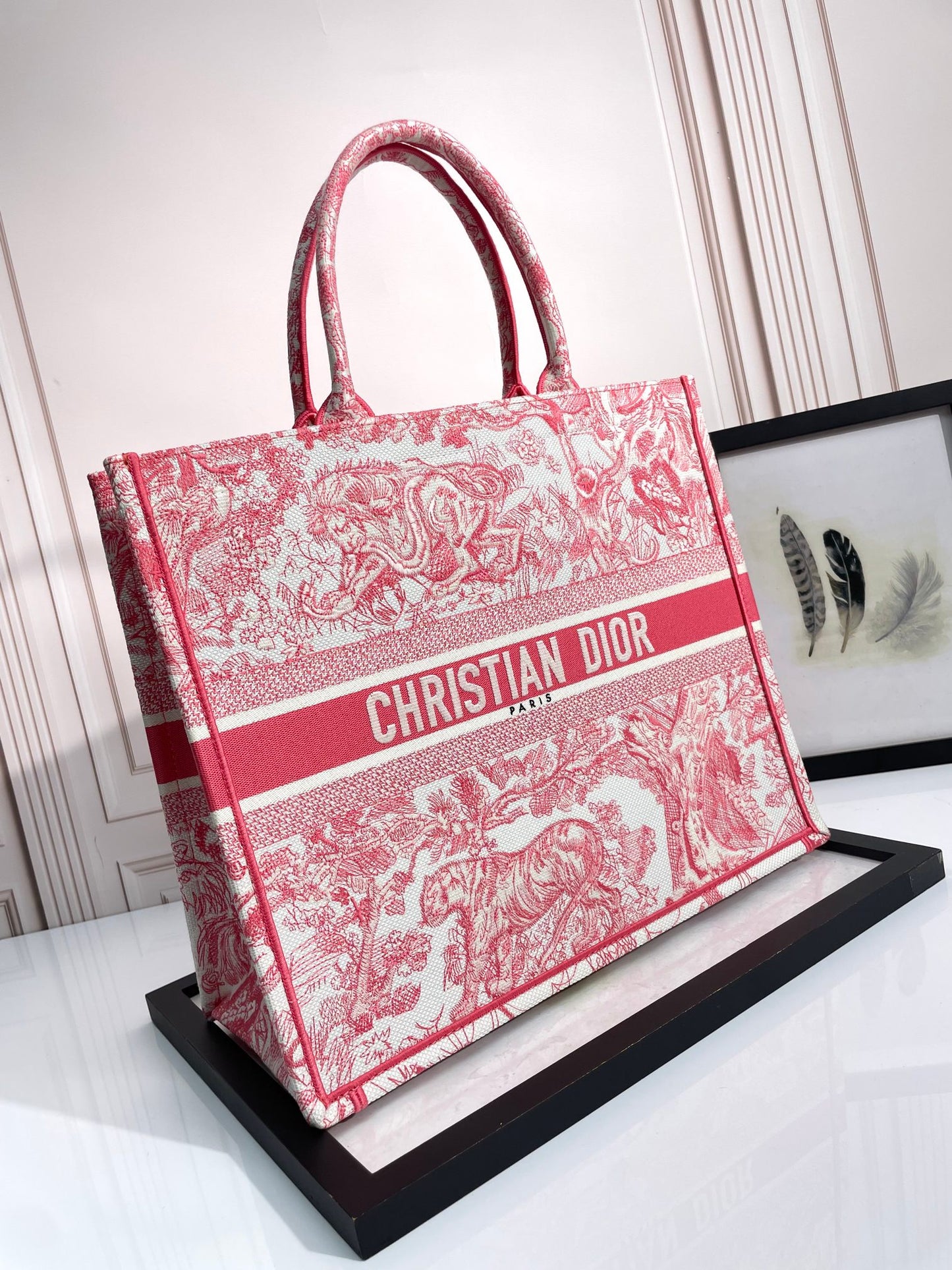 Dior Vintage Red Floral Toile de Jouy Embroidered Canvas Tote Bag
