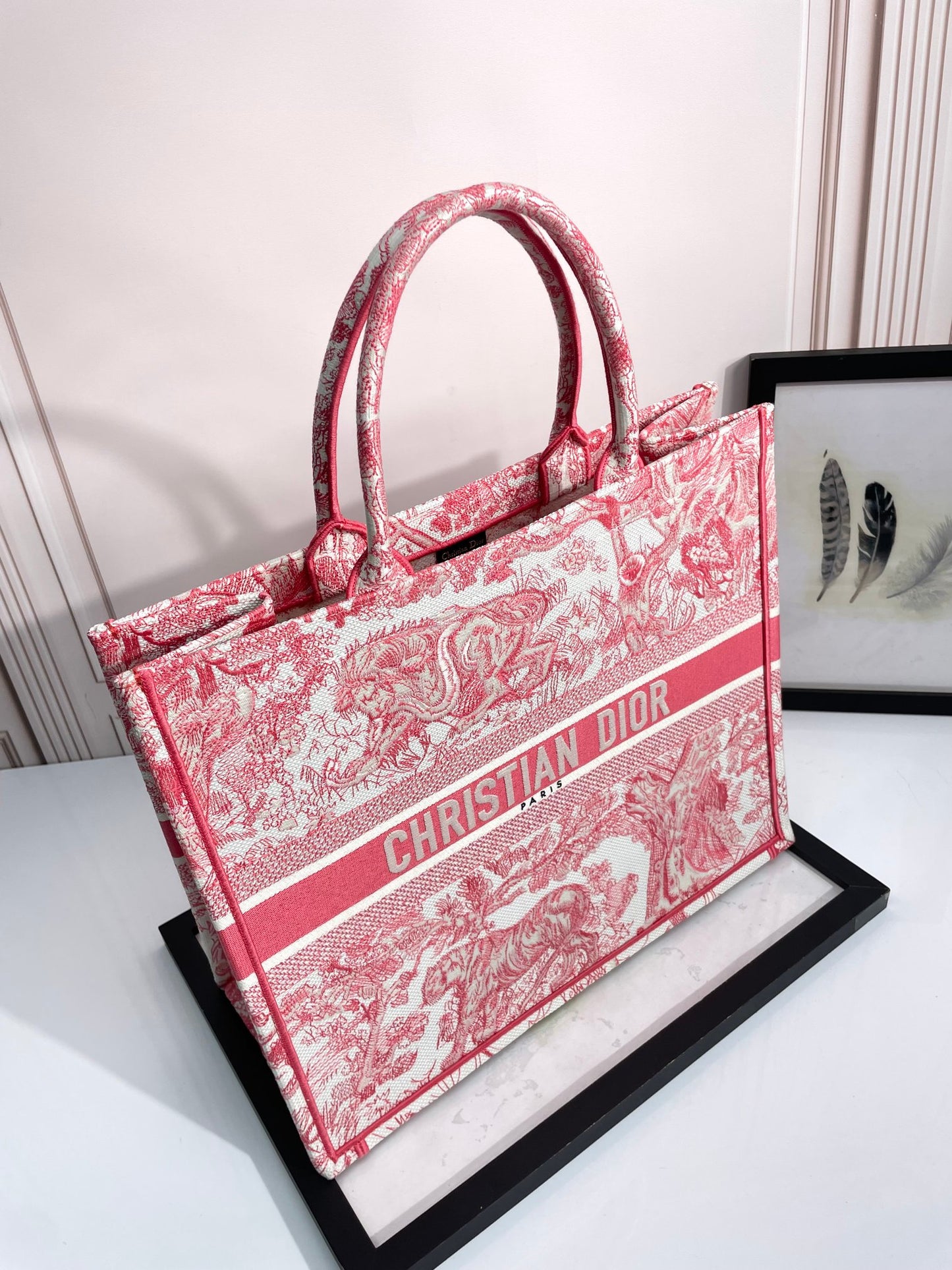 Dior Vintage Red and White Toile de Jouy Embroidered Canvas Tote Bag
