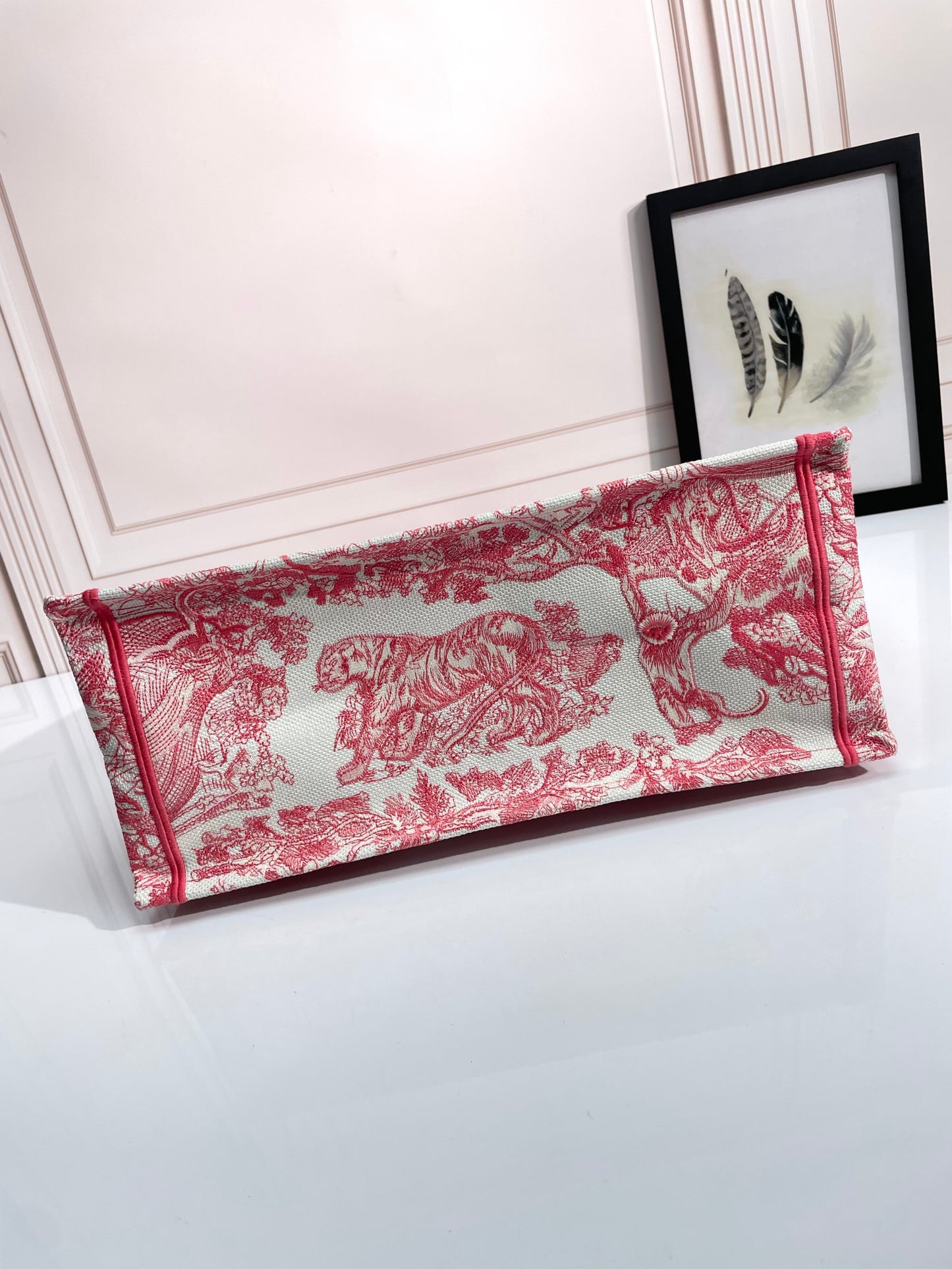 Dior Pink and White Toile de Jouy Embroidered Large Canvas Tote Bag