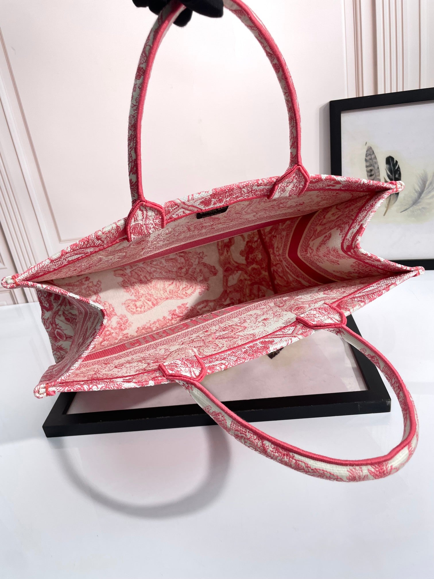 Dior Vintage Red Floral Toile de Jouy Embroidered Canvas Tote Bag