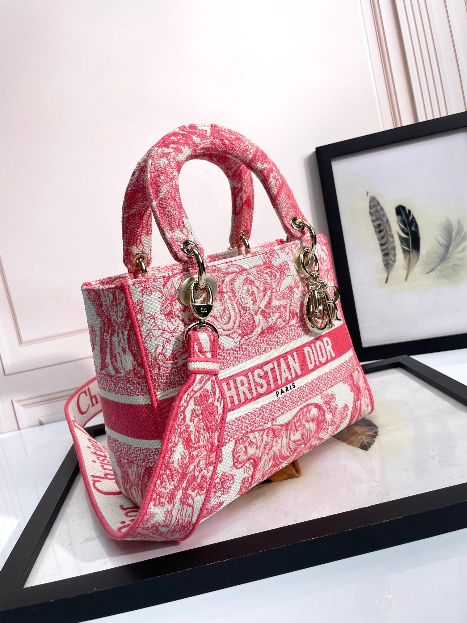 Dior Pink Floral Embroidered Canvas Top Handle Handbag with Strap