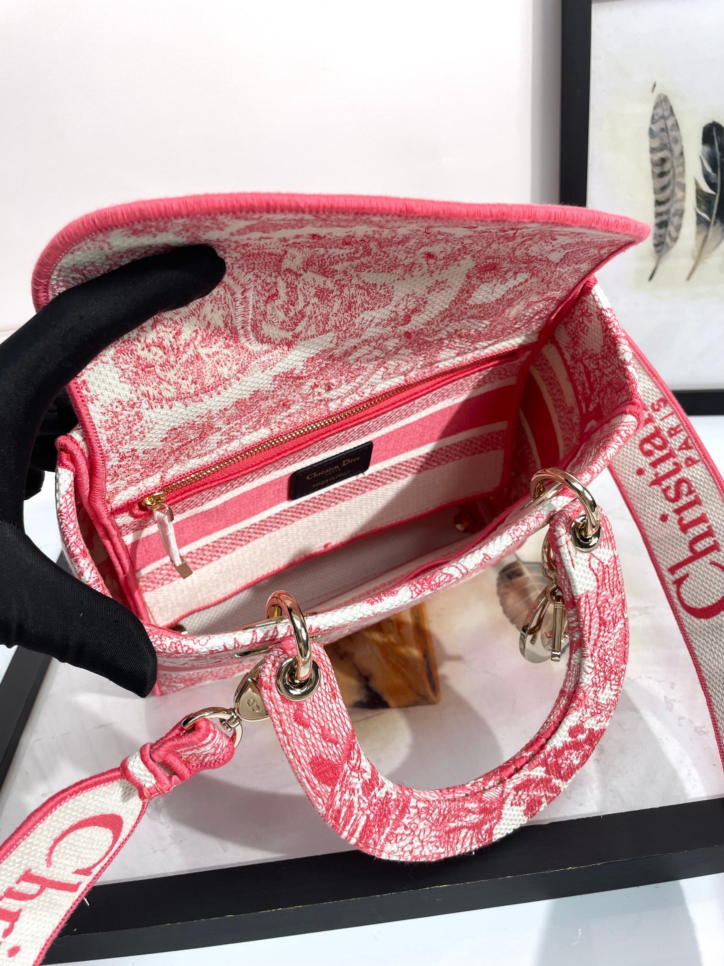 Dior Elegant Pink Floral Embroidery Structured Top Handle Handbag