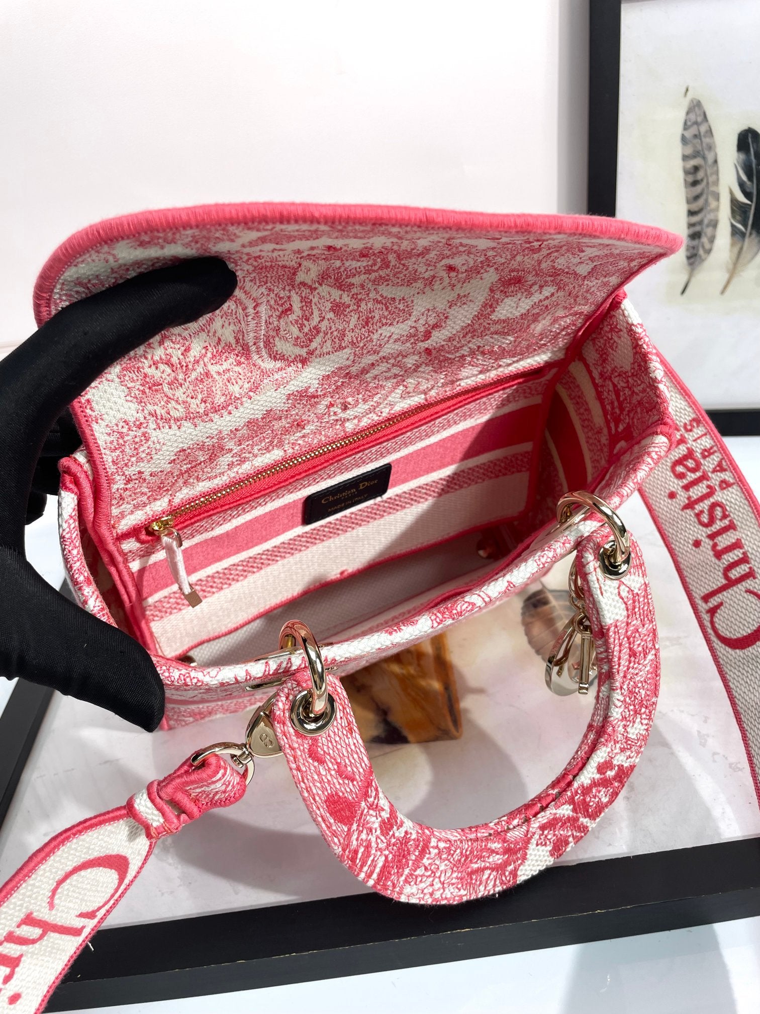 Dior Elegant Red Toile de Jouy Embroidered Canvas Top Handle Tote Bag