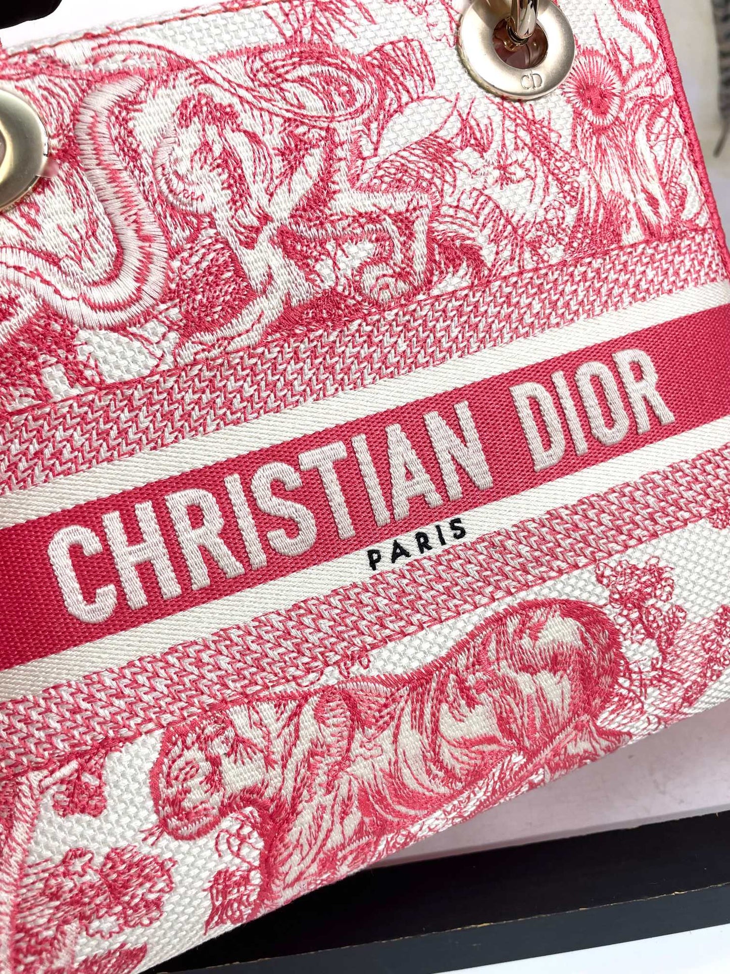 Dior Elegant Red Toile de Jouy Embroidered Canvas Top Handle Tote Bag