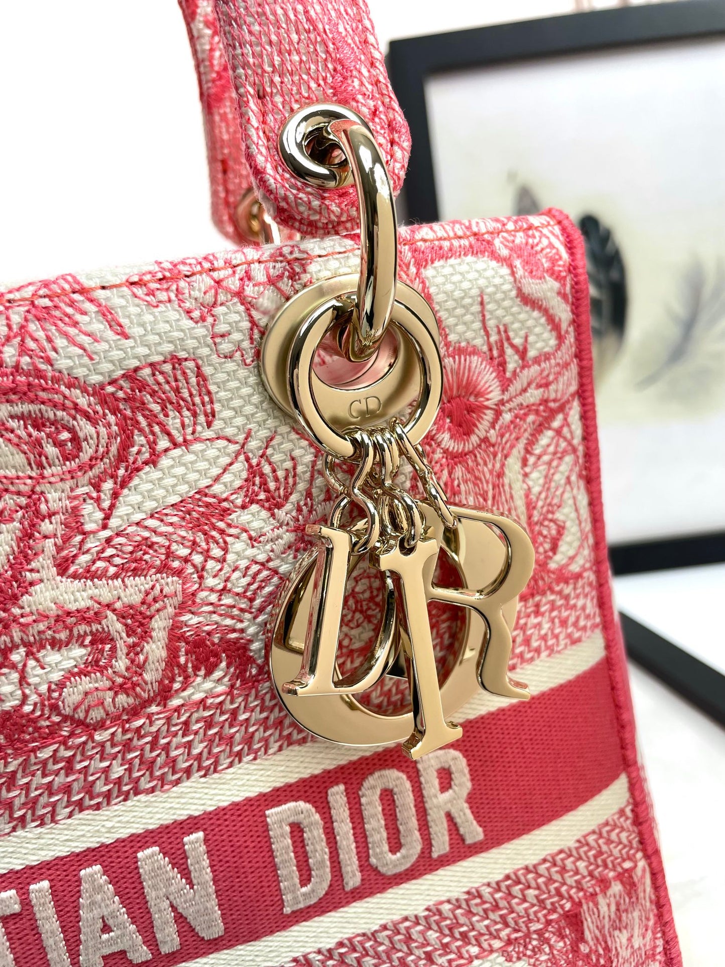 Dior Pink Floral Embroidered Canvas Top Handle Handbag with Strap