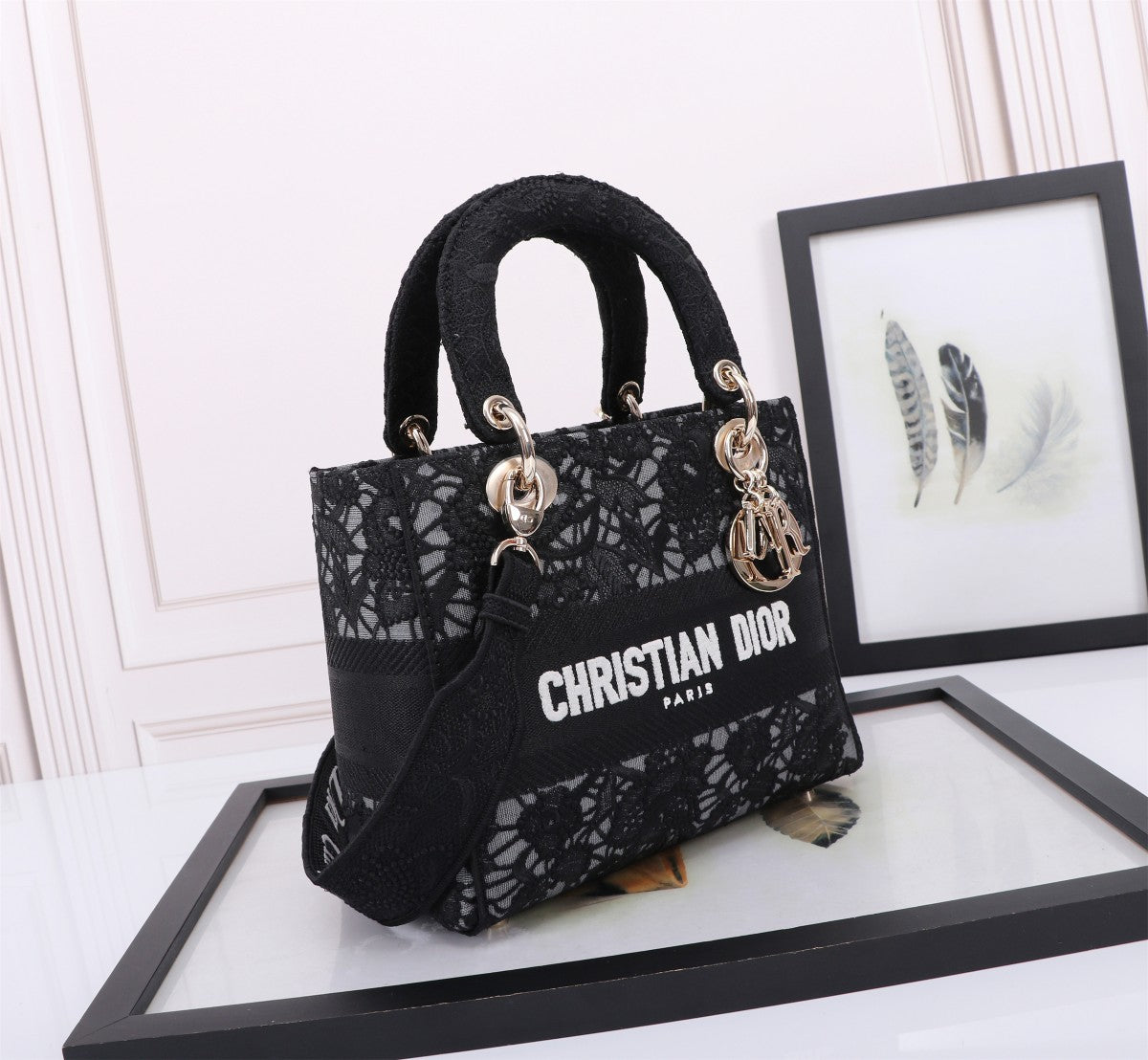 Dior Elegant Black Floral Lace Embroidered Top Handle Handbag