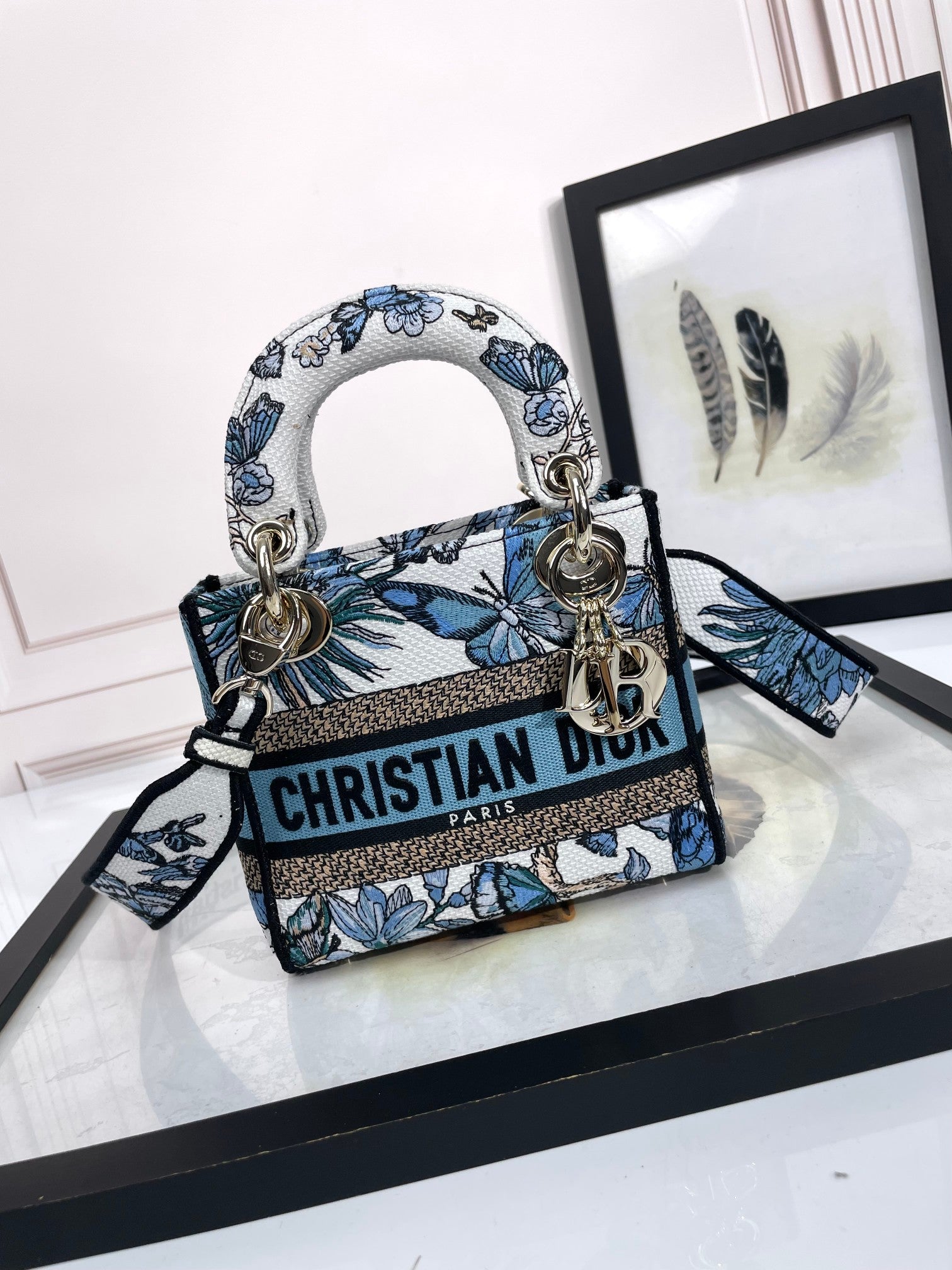 Christian Dior Lady D-Lite Bag with Blue Butterfly Motif Embroidery