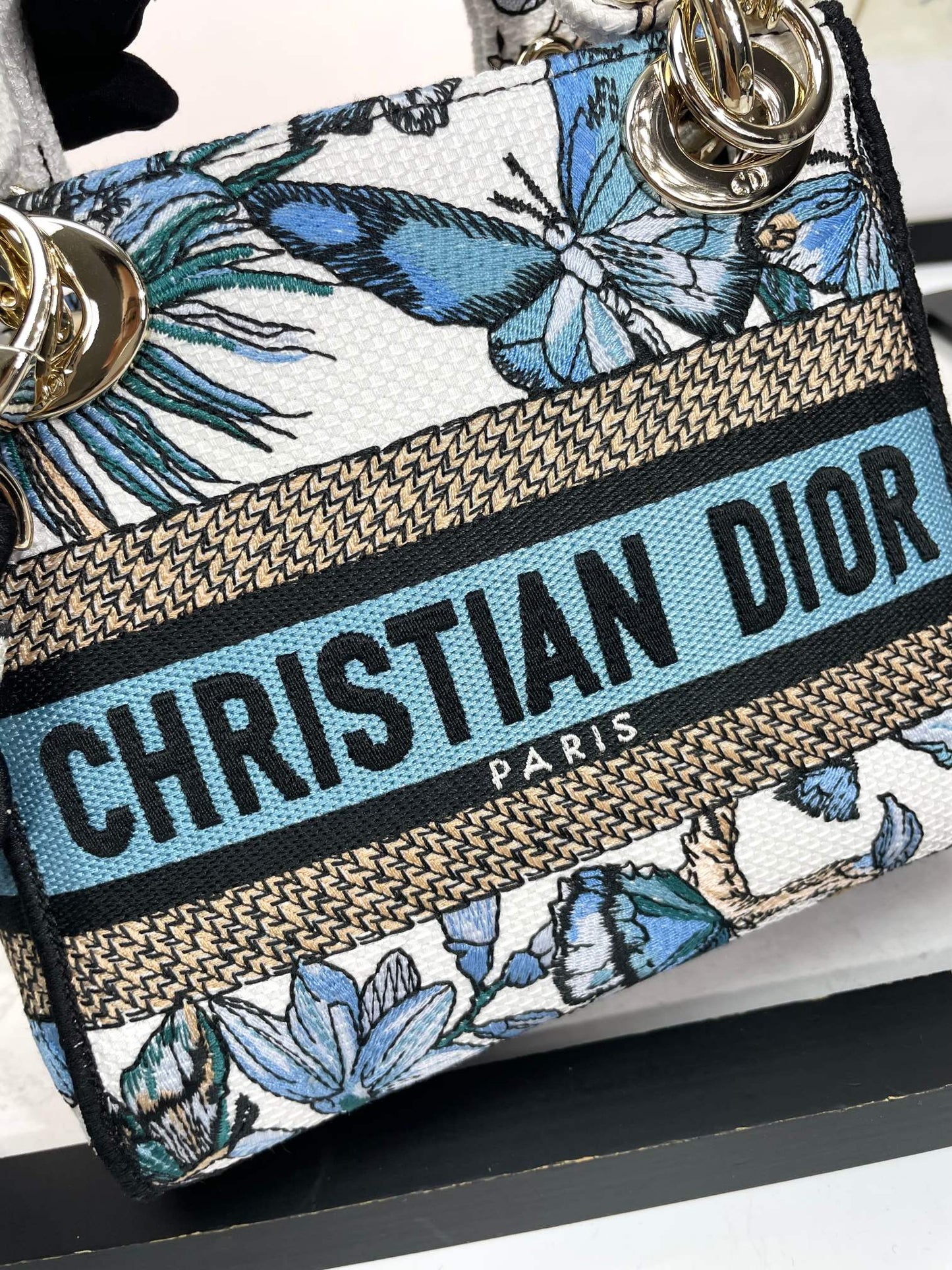 Dior Blue and White Butterfly Embroidered Canvas Mini Handbag