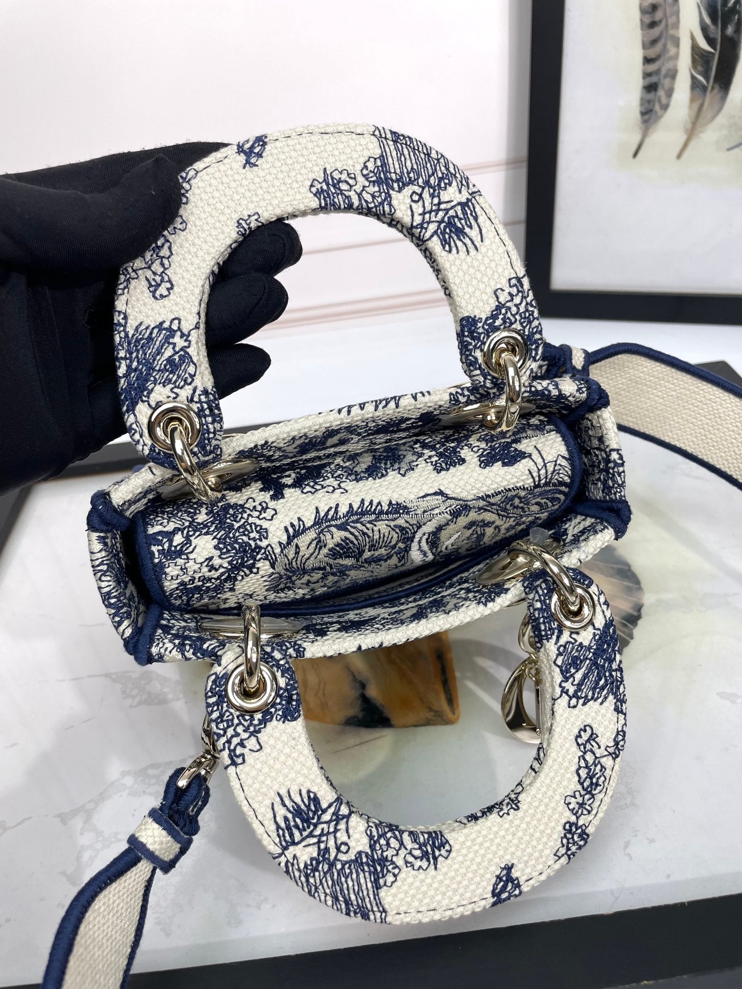 Christian Dior Mini Lady D-Lite Bag - Blue and White Toile de Jouy Embroidery