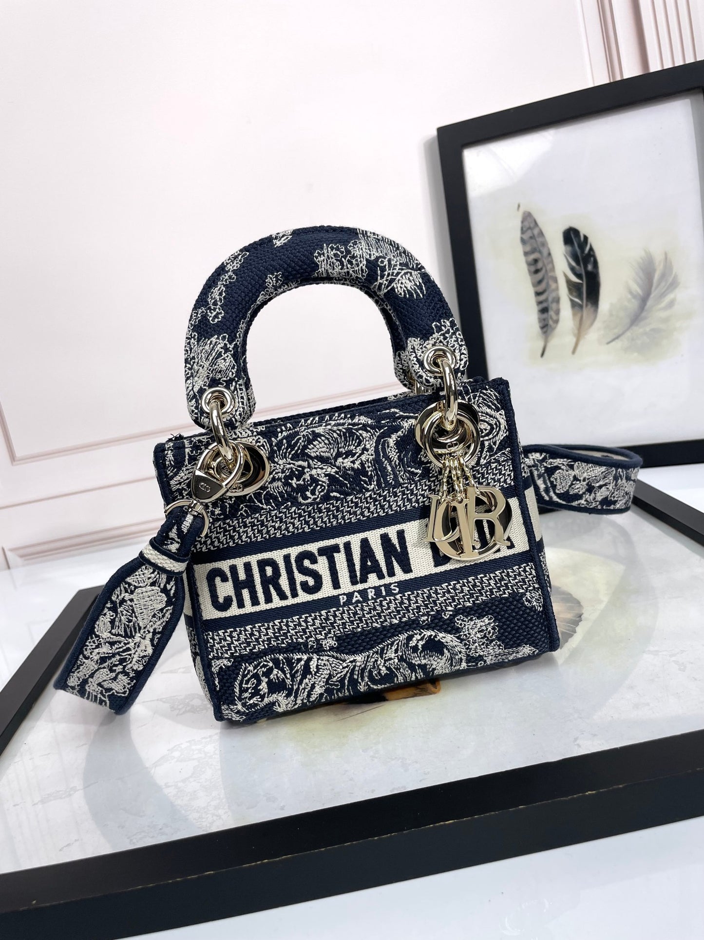 Dior Navy Blue Floral Embroidered Canvas Top Handle Handbag