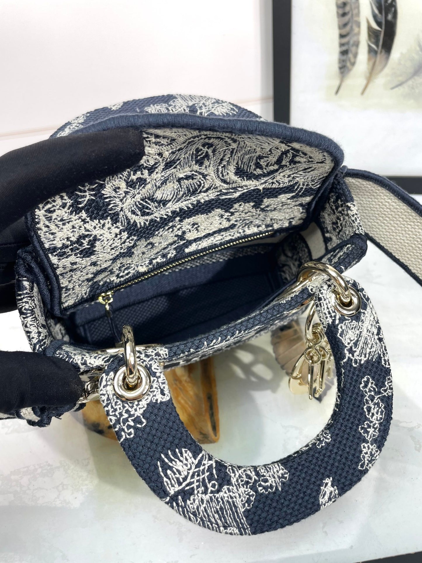 Dior Navy Blue Floral Embroidered Canvas Top Handle Handbag