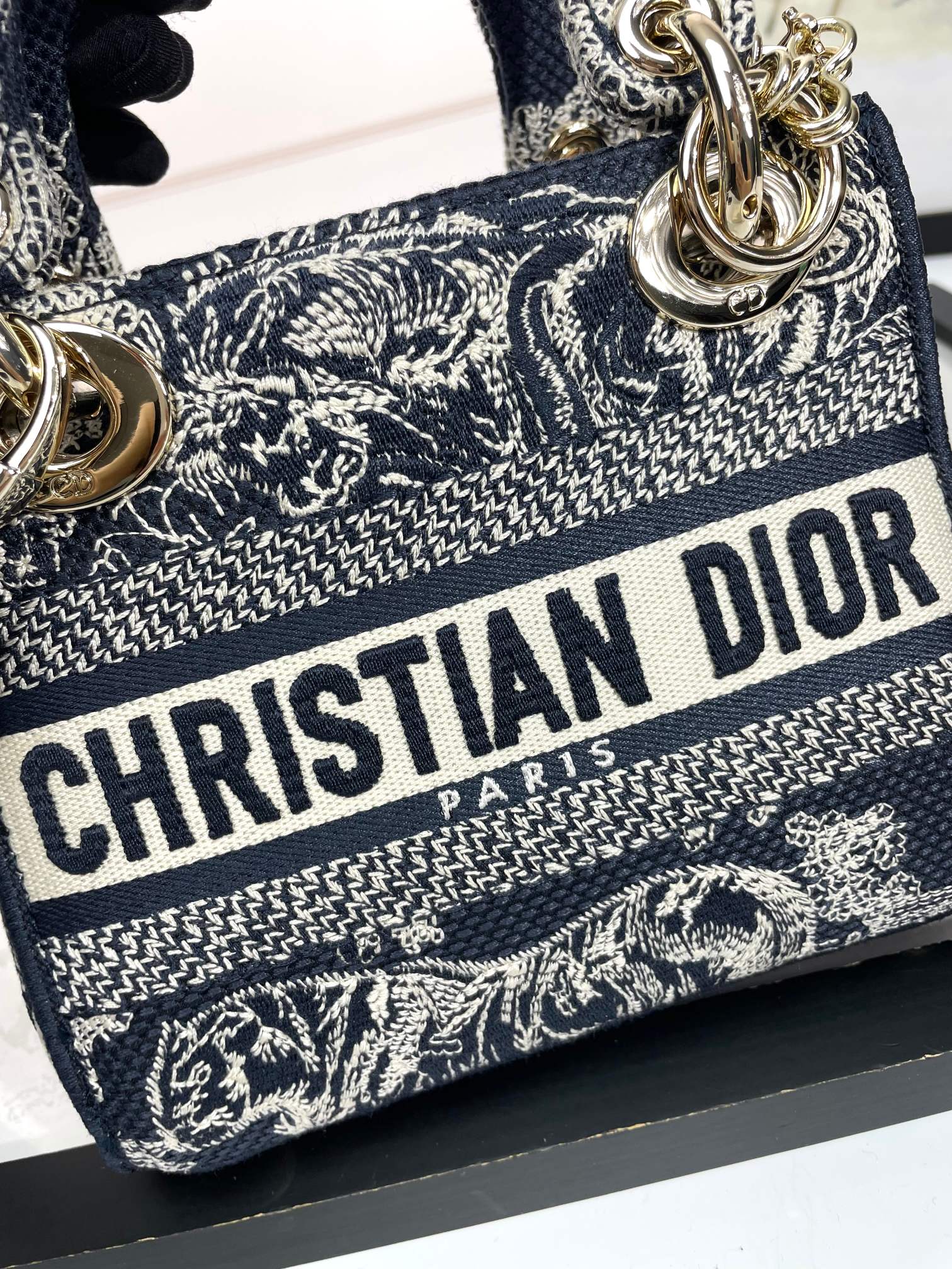Dior Navy Blue Floral Embroidered Canvas Top Handle Handbag