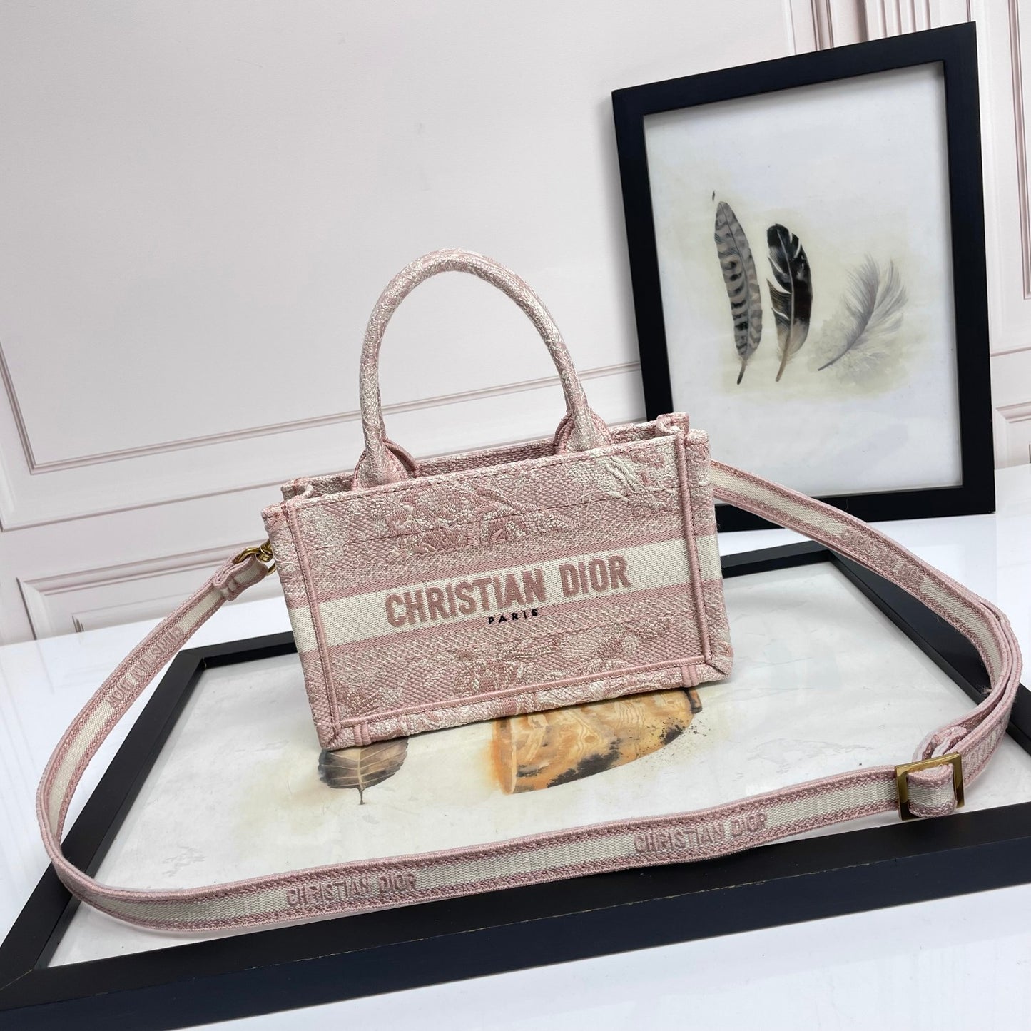 Dior Vintage Pink Embroidered Canvas Top Handle Crossbody Tote Bag