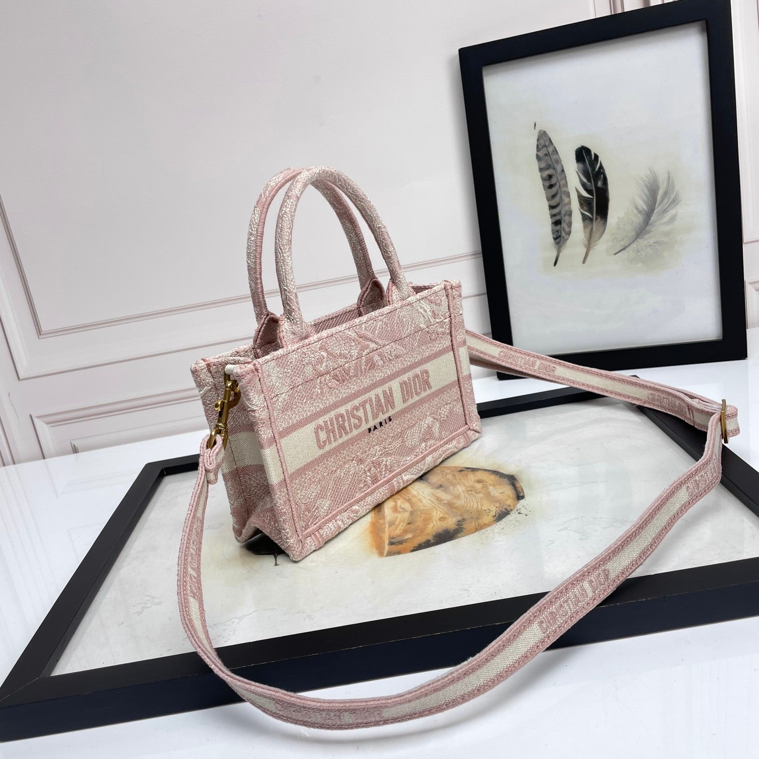 Dior Vintage Pink Embroidered Canvas Top Handle Crossbody Tote Bag