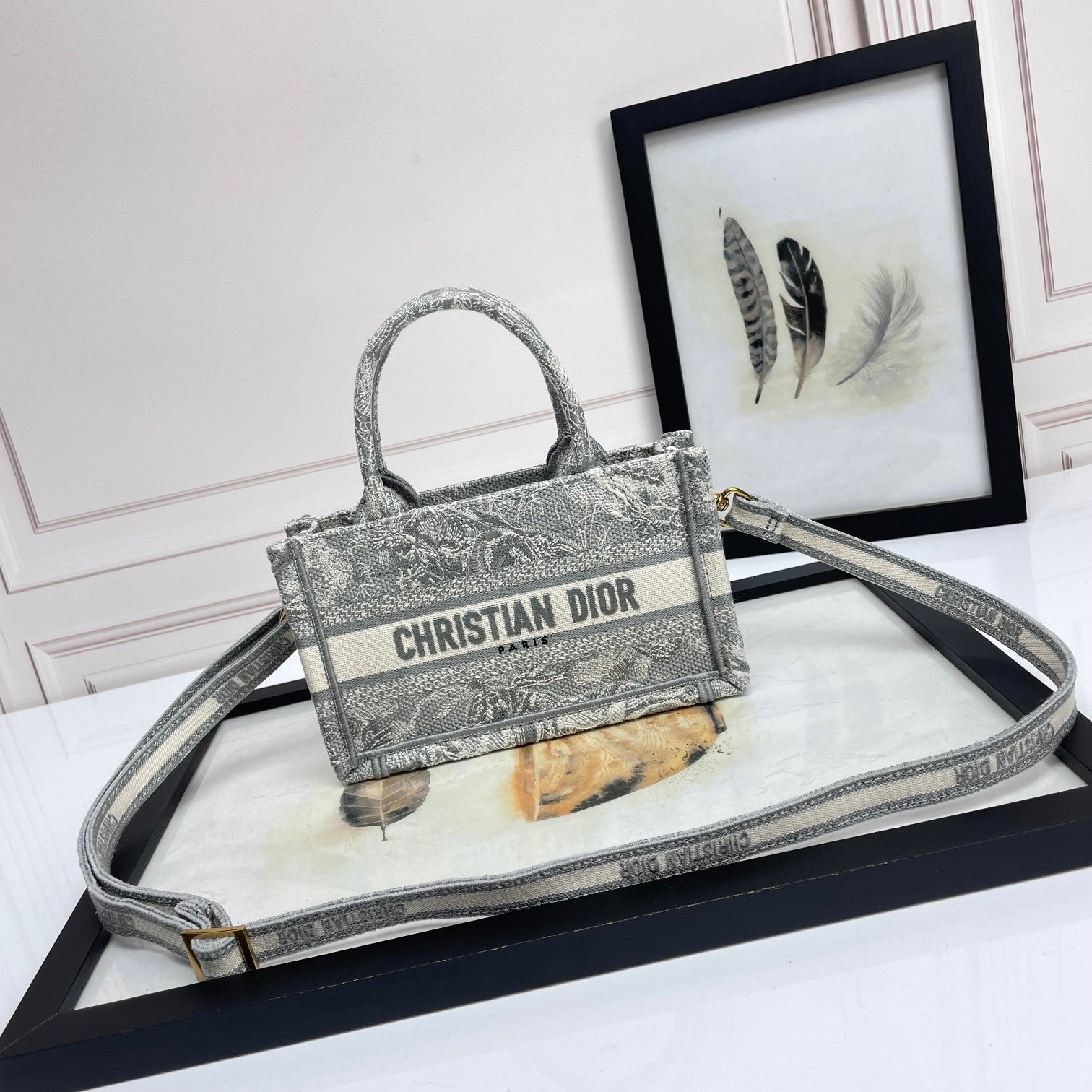 Dior Vintage Grey Embroidered Canvas Mini Tote Bag with Strap