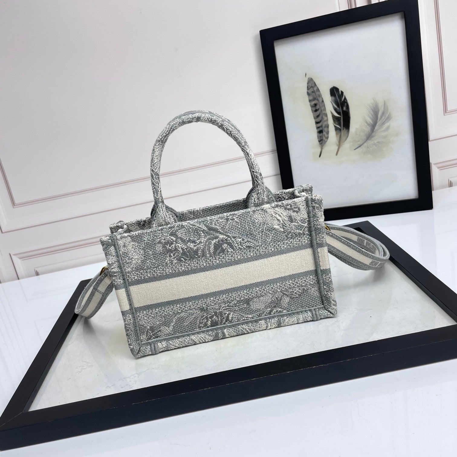 Christian Dior Mini Book Tote Bag with Strap - Grey Embroidered Canvas