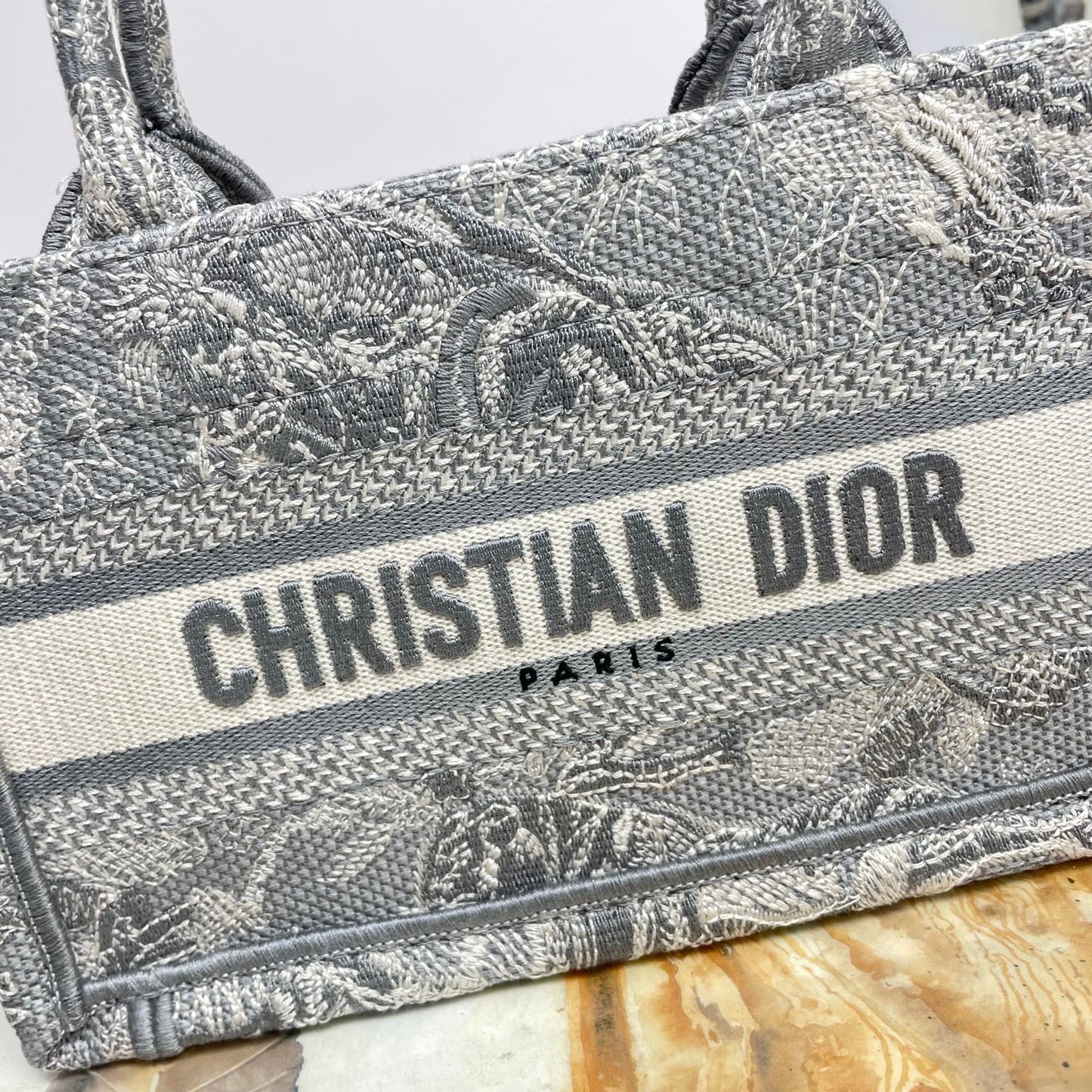 Dior Vintage Grey Embroidered Canvas Mini Tote Bag with Strap