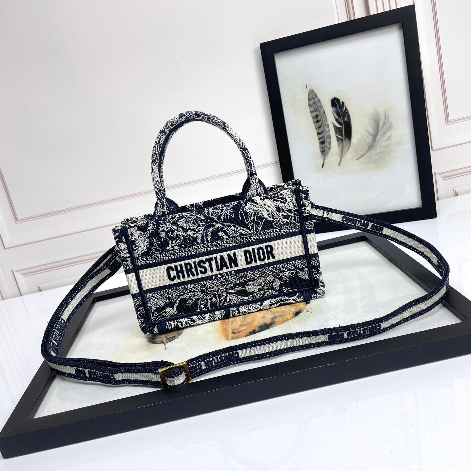 Dior Embroidered Floral Canvas Mini Tote Bag with Adjustable Crossbody Strap