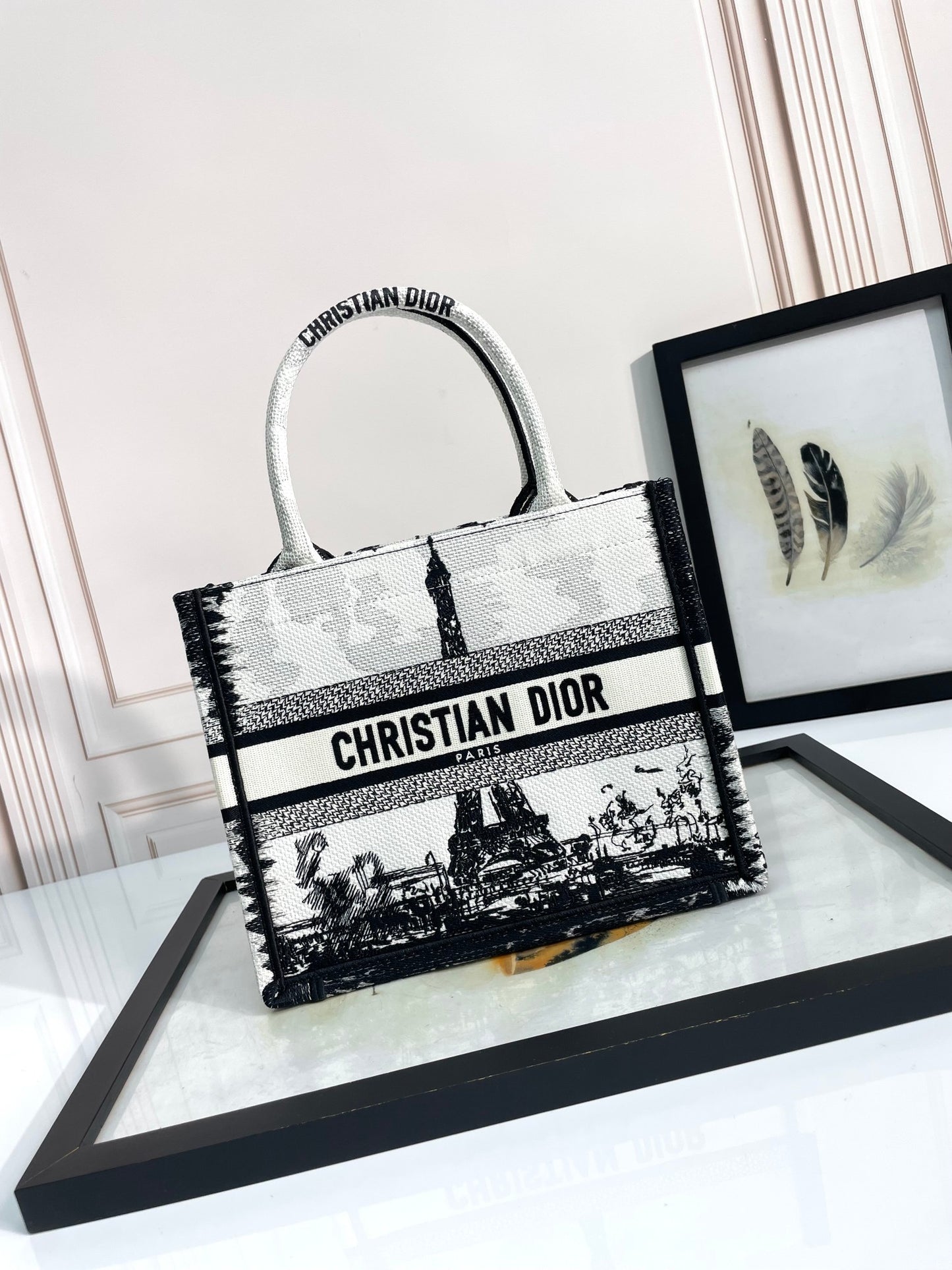 Dior Black and White Paris Skyline Embroidered Canvas Tote Bag